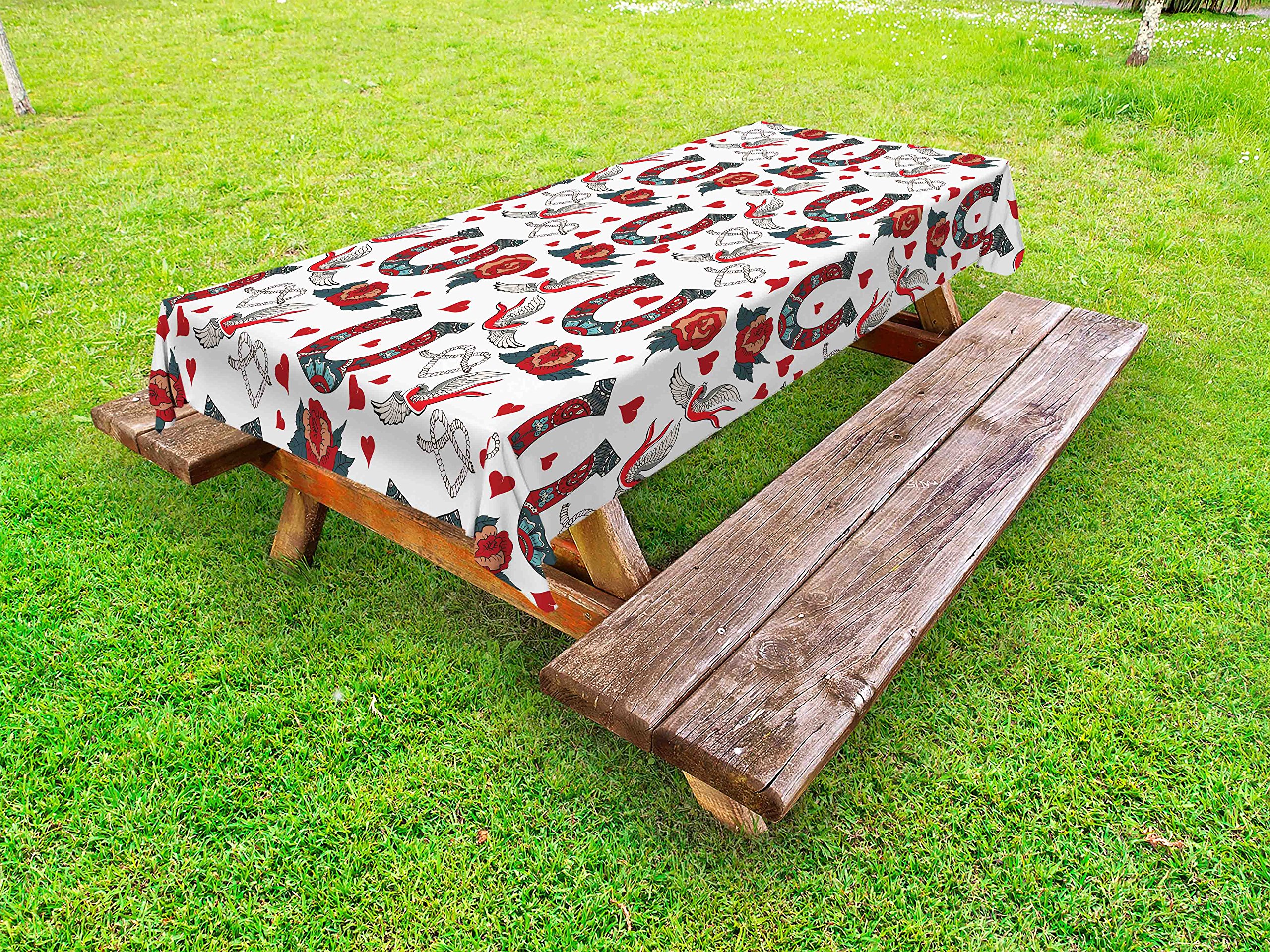 Horseshoe & Rose Swallow Hearts Floral Tablecloth - Washable Outdoor Picnic Table Cover 58x104 Inches - Blue Grey & Ruby Tattoo Style Design - Perfect for Garden Parties, BBQ, and Picnics