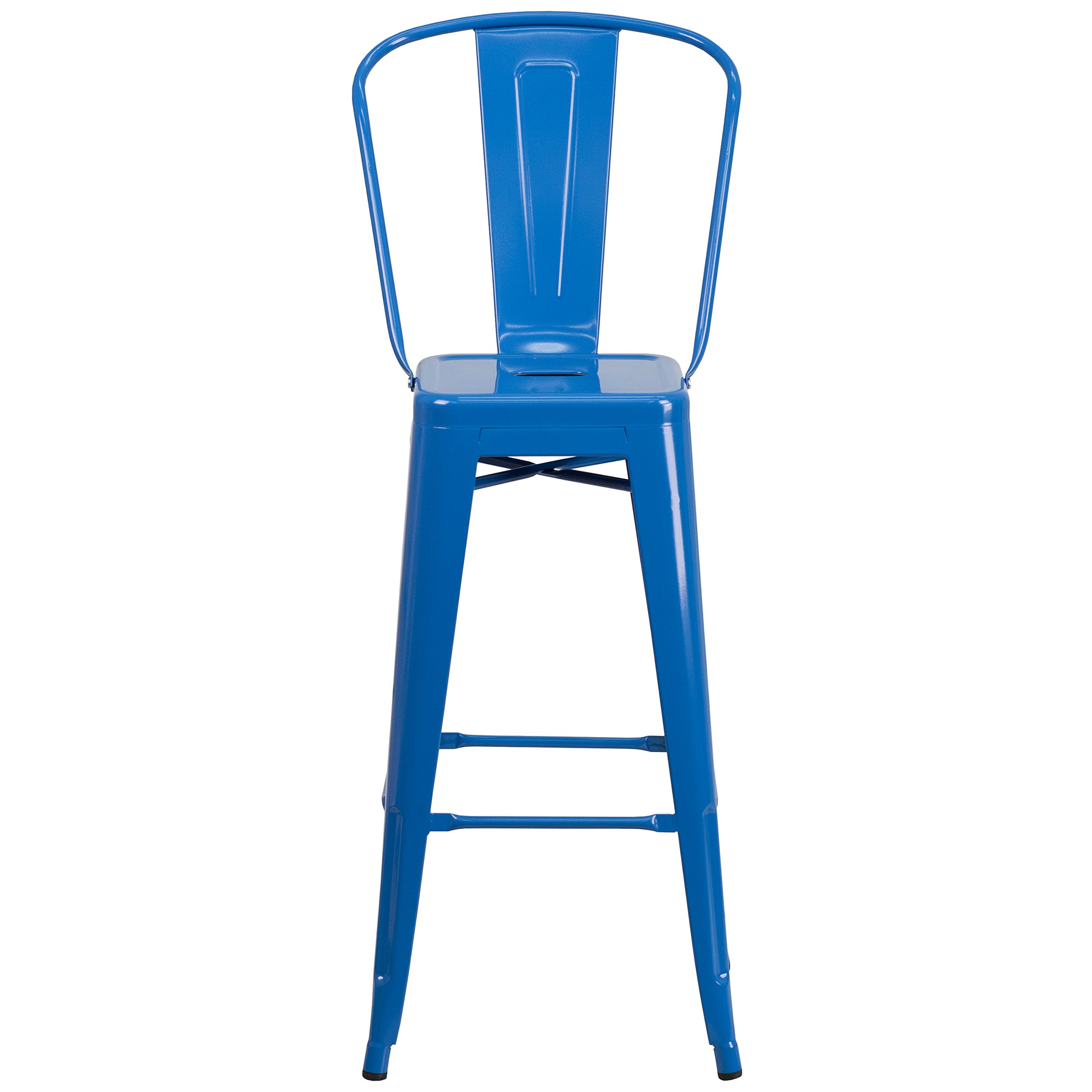 EMMA + OLIVER 30 Inch Commercial Grade Blue Metal Bar Stool with Back - Heavy Duty Indoor Outdoor Counter Height Stool for Kitchen Island, Bar, Restaurant & Patio
