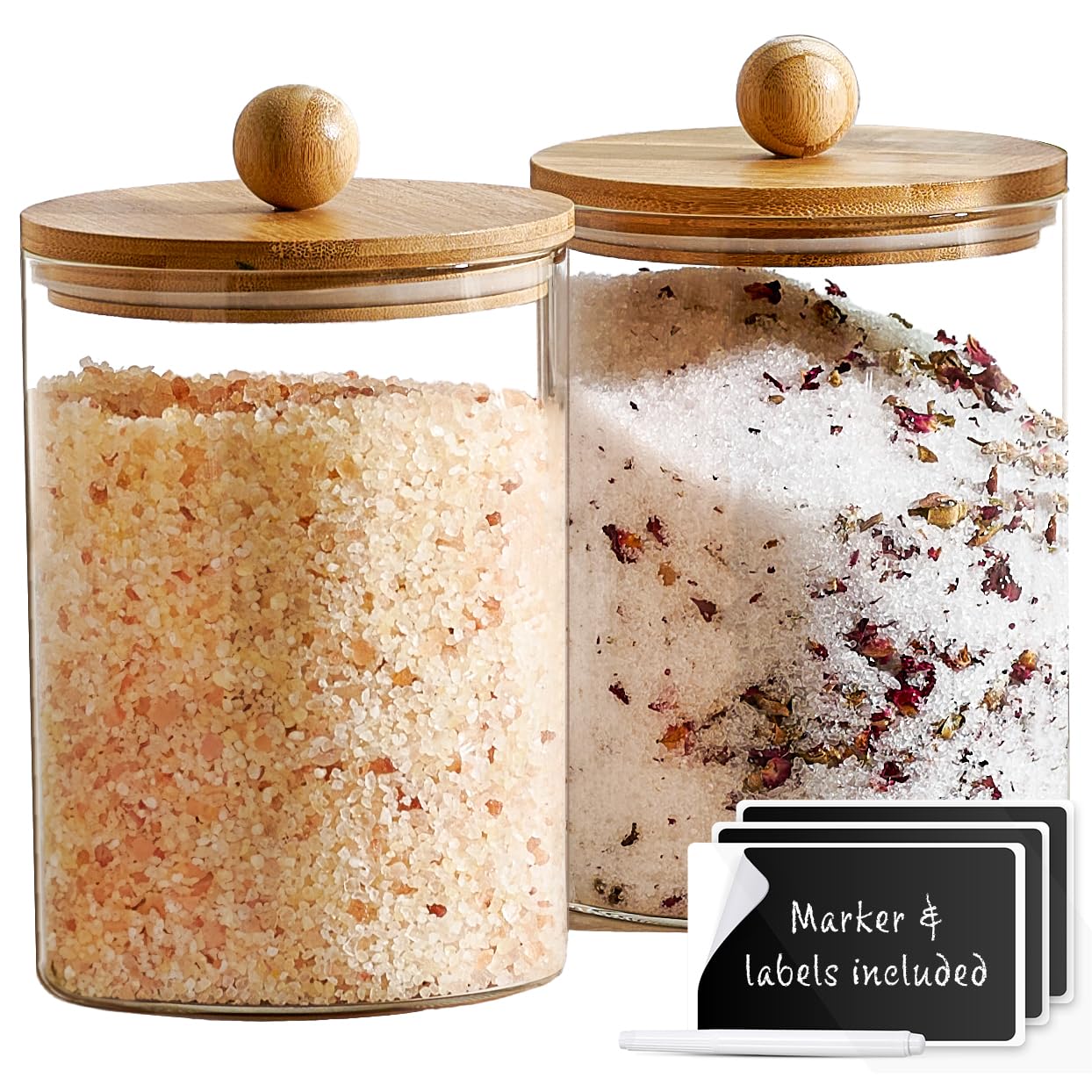 2-Pack 68oz Airtight Glass Canisters with Bamboo Lids - Food Storage Containers for Kitchen Pantry, Flour, Pasta, Coffee, Candy & Pods | Includes Chalk Marker & Labels | Perfect for Countertop Organization & Bulk Food Storage