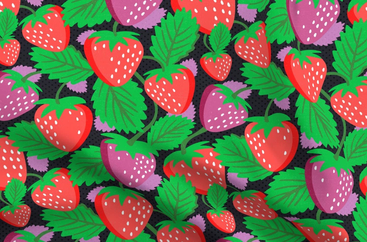 Strawberry Grove Black Bloom Leaves Fruit Berries Printed Denim Fabric by The Yard - Spring Summer Garden Design for Apparel, Home Decor & Upholstery | DIY Sewing, Curtains, Tablecloths & Craft Projects