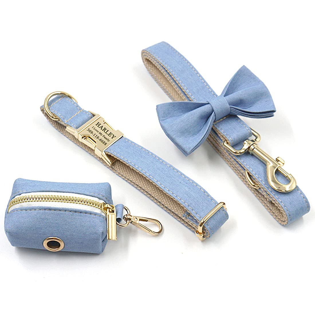 Personalized Denim Dog Collar with Engraved Name & Phone - Gold Metal Buckle, Light Blue Jean for Medium & Large Dogs - Perfect for Weddings, Birthdays & Special Occasions (Collar Only, Size M) | Durable & Stylish Pet Accessory for Daily Walks & Outdoor Adventures