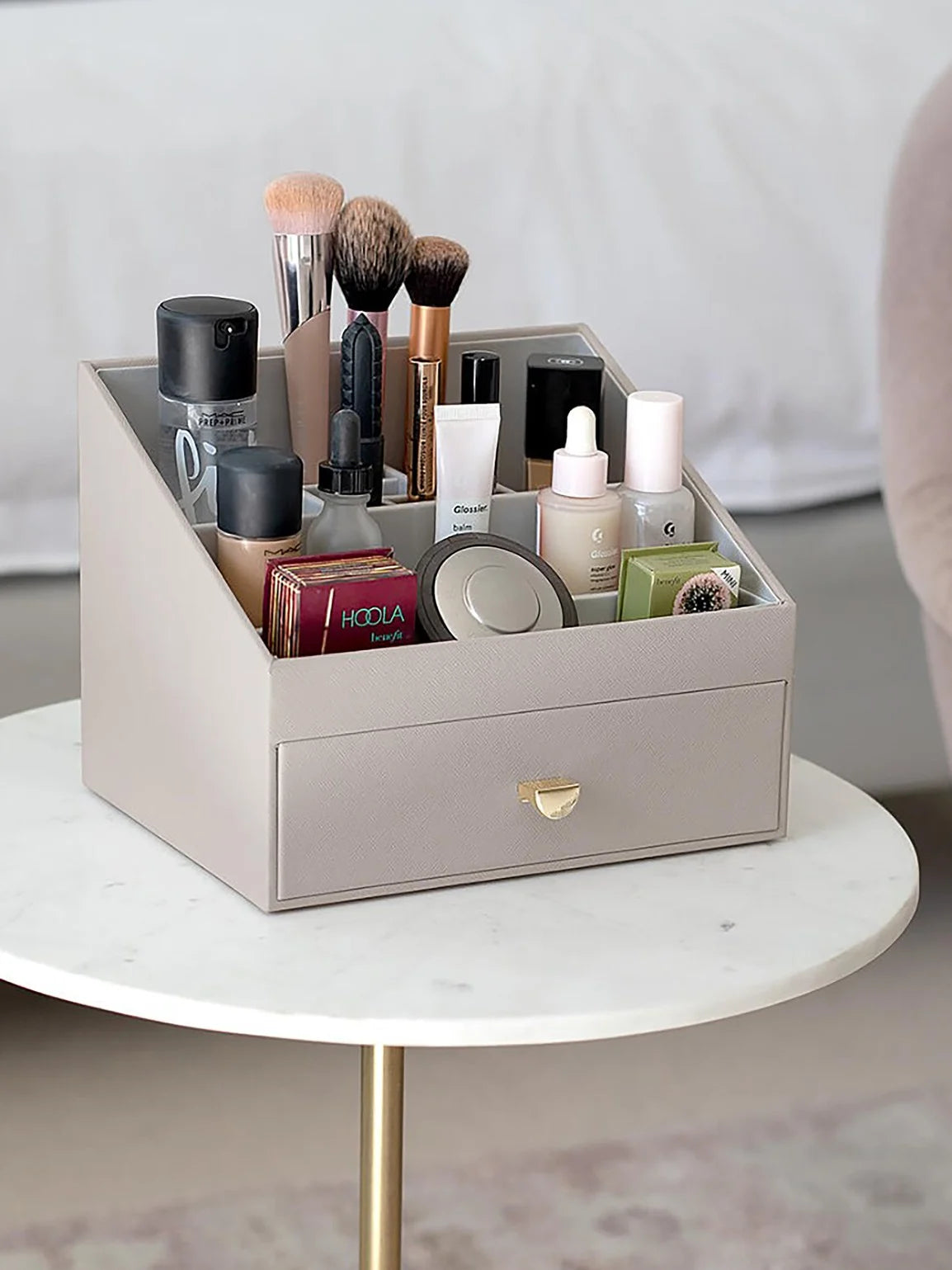 Classic Taupe Makeup Organizer with Drawers - Perfect for Vanity, Bathroom & Travel Storage | Beauty Cosmetic Organizer for Brushes, Lipsticks & Makeup Essentials
