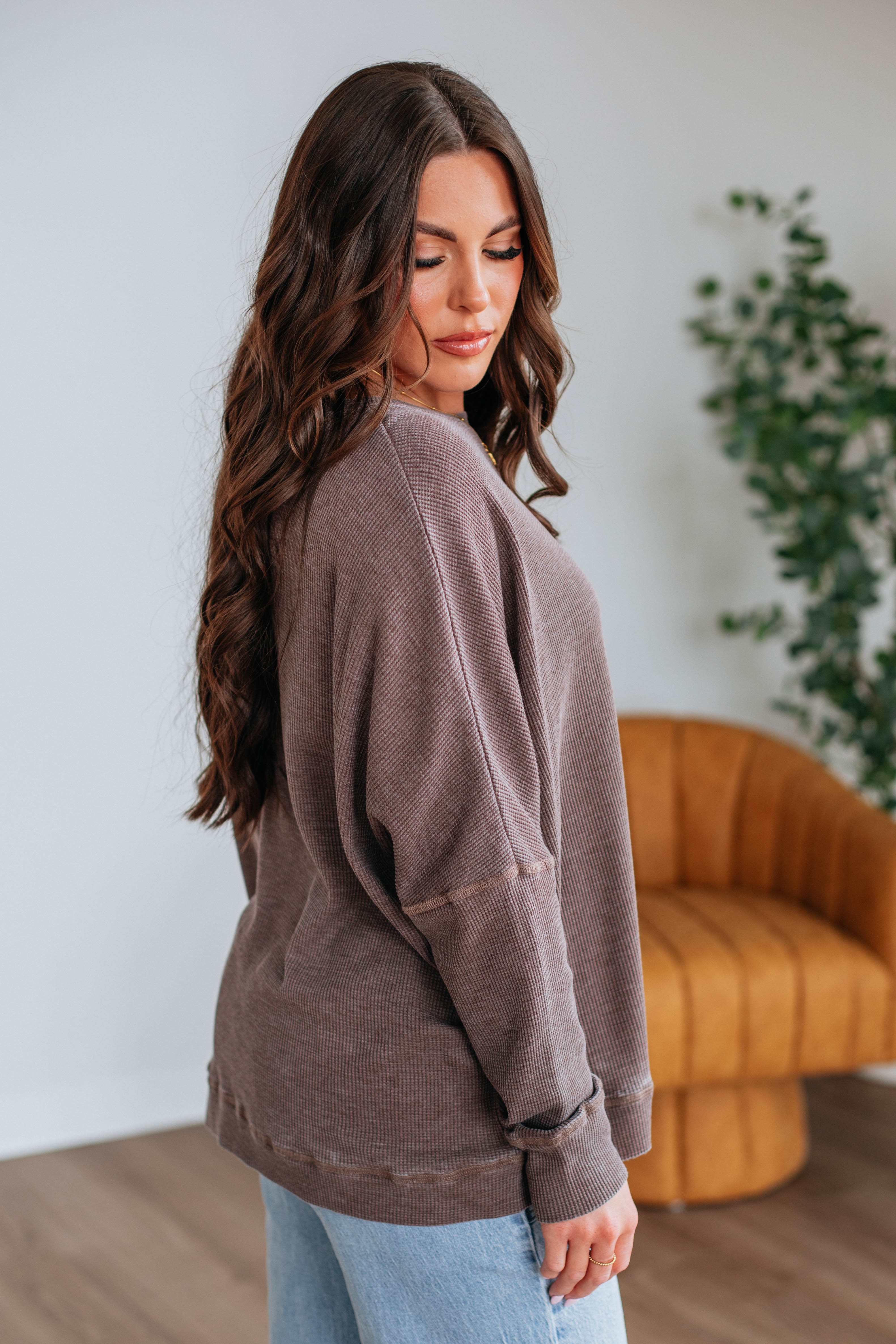 Breathable Waffle Knit Top for Women - Soft Chocolate Brown Long Sleeve Shirt | Perfect for Fall Layering, Casual Outfits & Coffee Dates