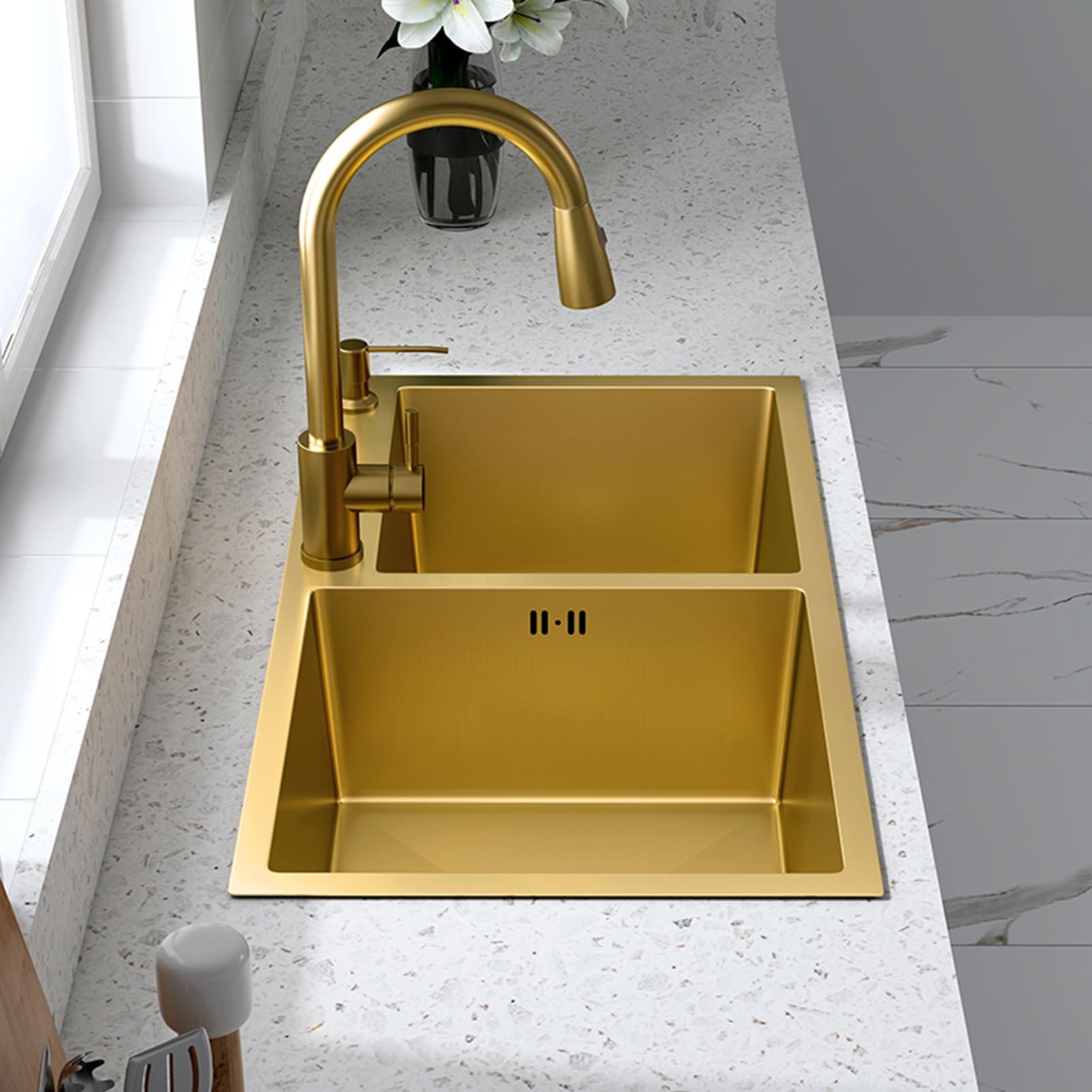 Handmade Nano Gold Double Basin Stainless Steel Kitchen Sink with Soap Dispenser - Large Capacity, Stylish & Durable (Color: Gold, Size: 82cm) - Perfect for Modern Kitchens, Restaurants & Luxury Home Renovations