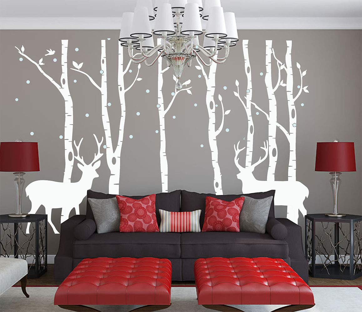 Birch Tree Deer Wall Decal - Removable Forest Nursery Vinyl Sticker for Kids Bedroom Decor - Nature-Themed Nursery Wall Art (White) - Perfect for Baby Rooms, Children's Bedrooms & Playroom Decor