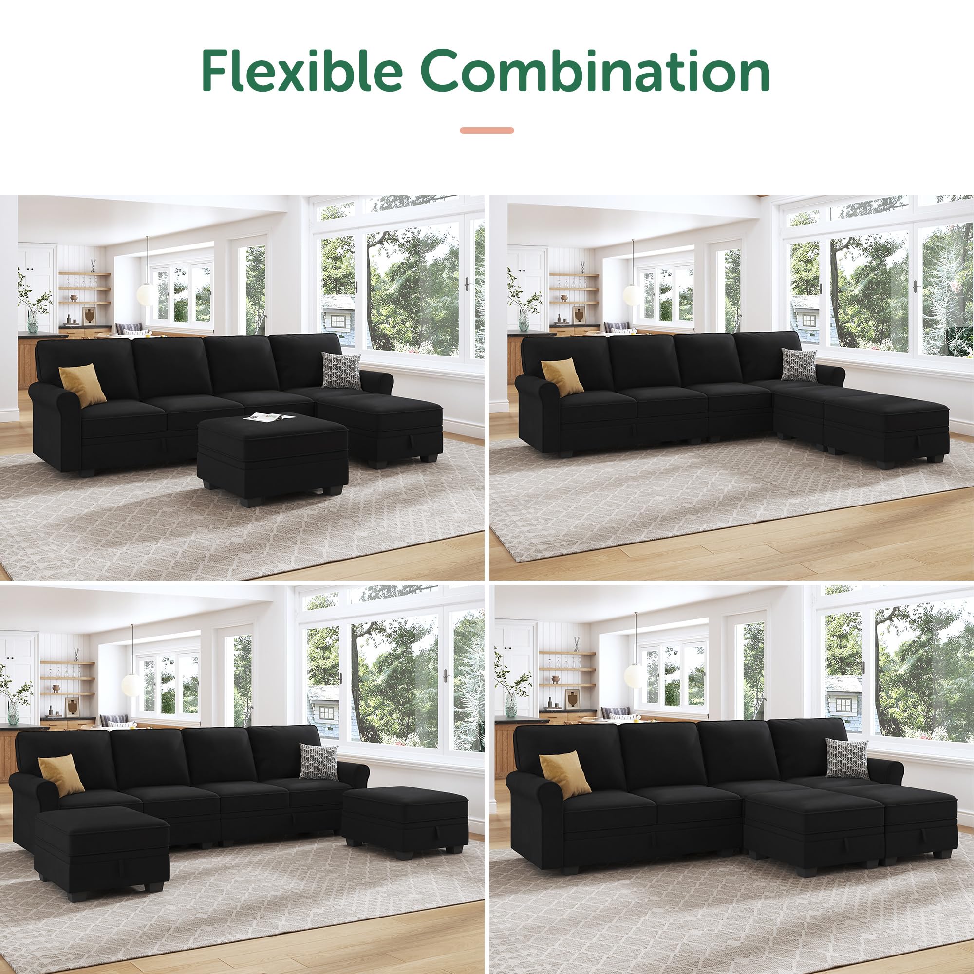 HONBAY U-Shaped Sectional Sofa with Storage Seat & Reversible Chaise - Convertible Velvet Couch for Living Room, Black - Perfect for Small Spaces & Family Gatherings