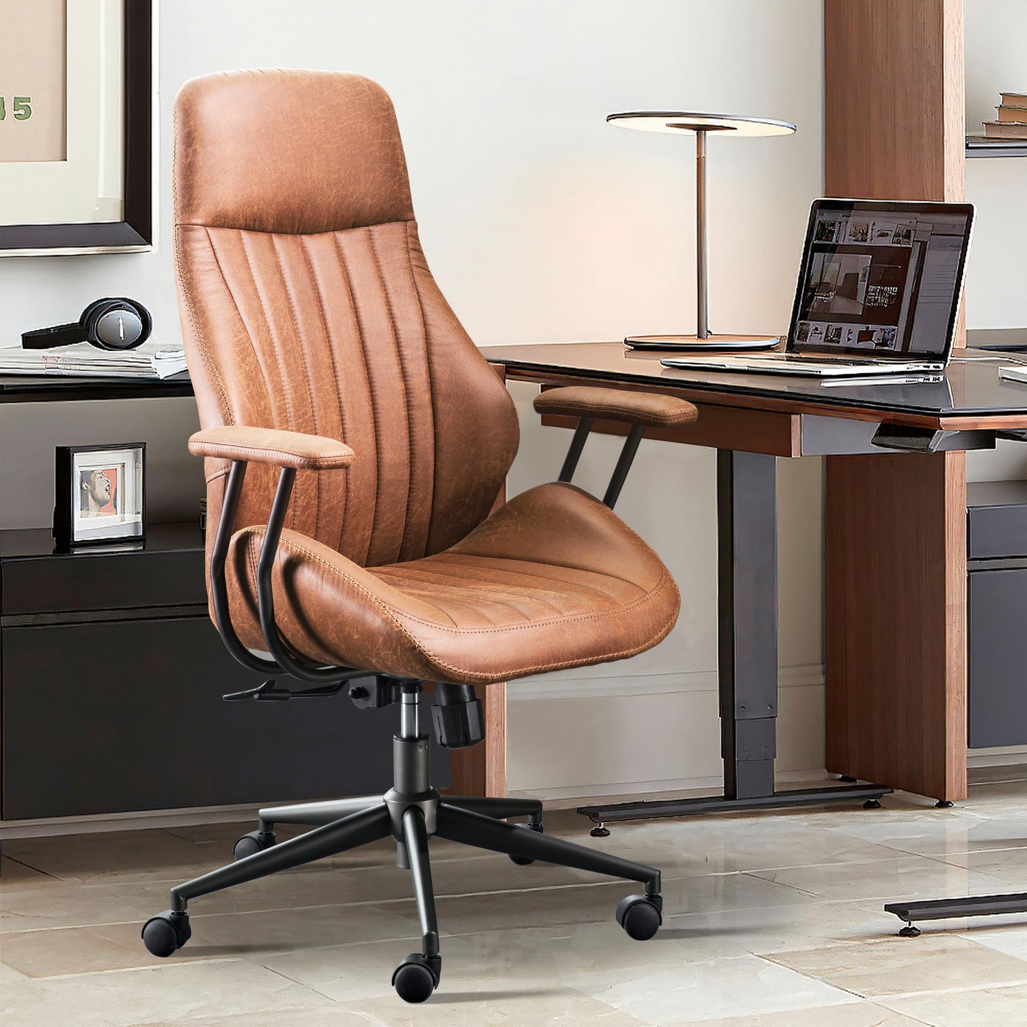 Ovios Mid Century Modern Office Chair with Lumbar Support - Ergonomic High Back Executive Chair with Swivel Wheels, Brown Suede Leather - Perfect for Home Office, Conference Rooms & Workspaces
