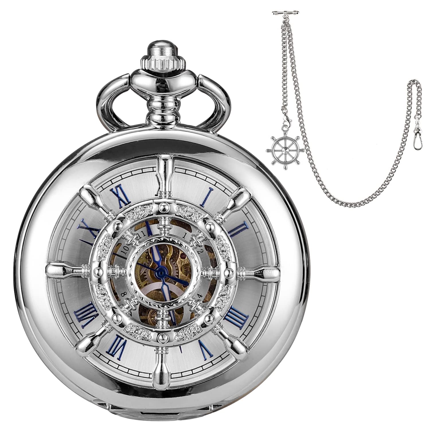 Vintage Steampunk Skeleton Pocket Watch for Men with Chain & Gift Box - Perfect for Collectors & Gifts