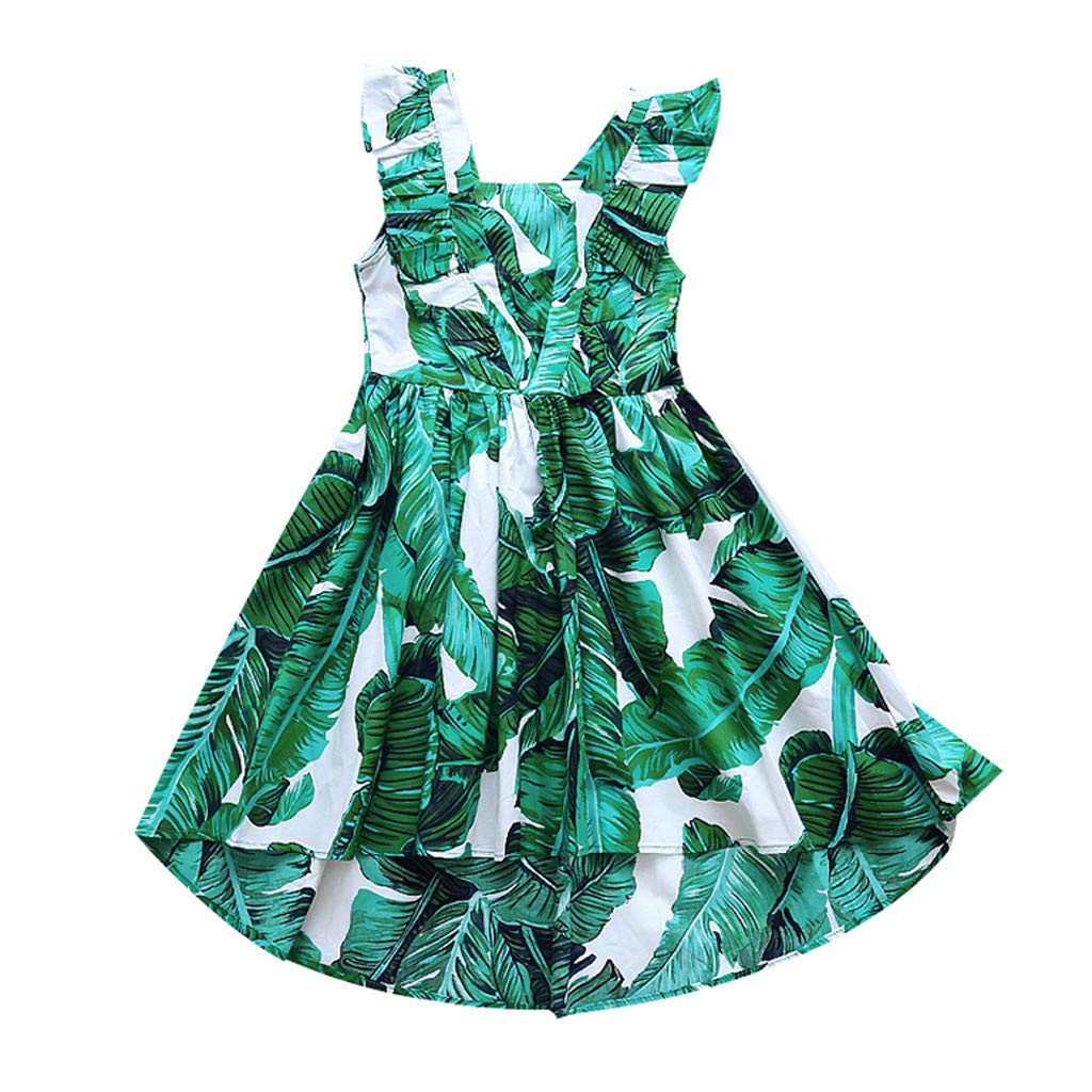 Hawaiian Tropical Sundress for Girls 4-12 Years - Sleeveless Leaf Print Ruched Summer Dress - Casual Beachwear for Kids & Teens - Perfect for Vacations, Parties & Outdoor Adventures