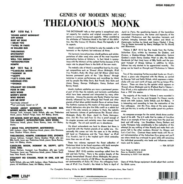 Thelonious Monk - Genius Of Modern Music Volume One LP Vinyl Record (Compilation, Mono, Reissue, Remastered) - Near Mint (NM/M) Condition - Perfect for Jazz Collectors & Audiophiles