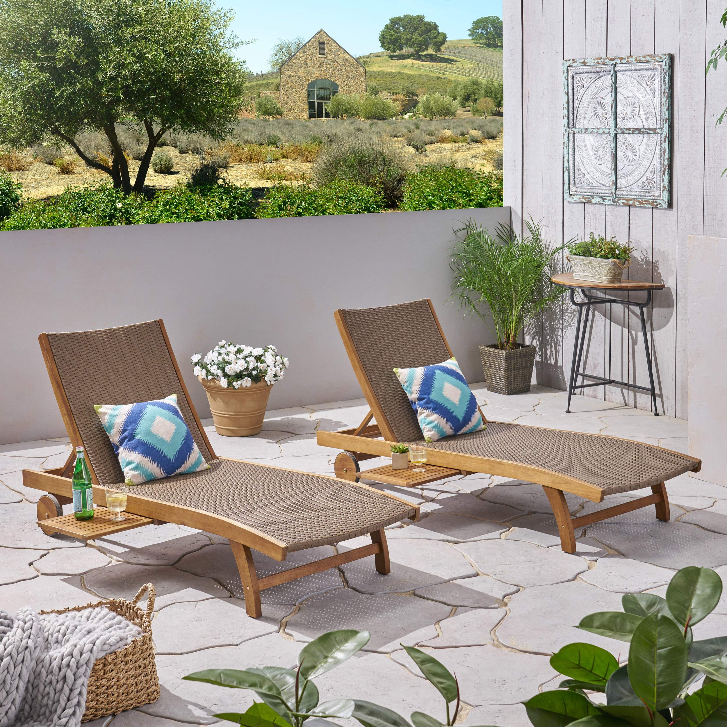 GDFStudio Outdoor Wicker and Wood Chaise Lounge Set of 2 with Pull-Out Tray - Brown Patio Furniture for Poolside, Garden, and Backyard Relaxation