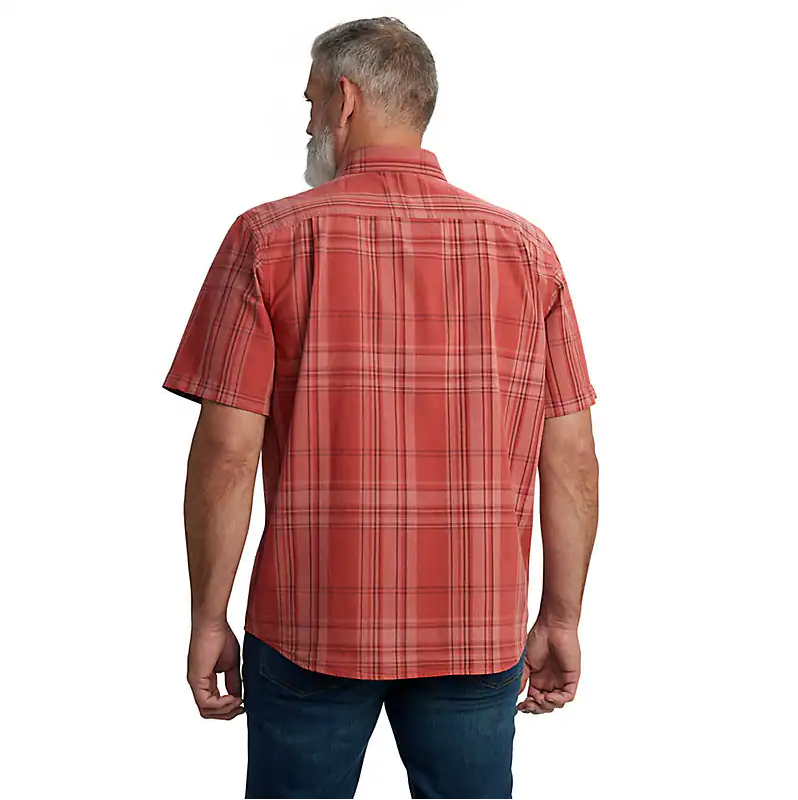 Loose Fit Midweight Short Sleeve Plaid Shirt for Men - Casual Comfort Cotton Button Down Top in Crimson Moss - Perfect for Outdoor Activities & Everyday Wear