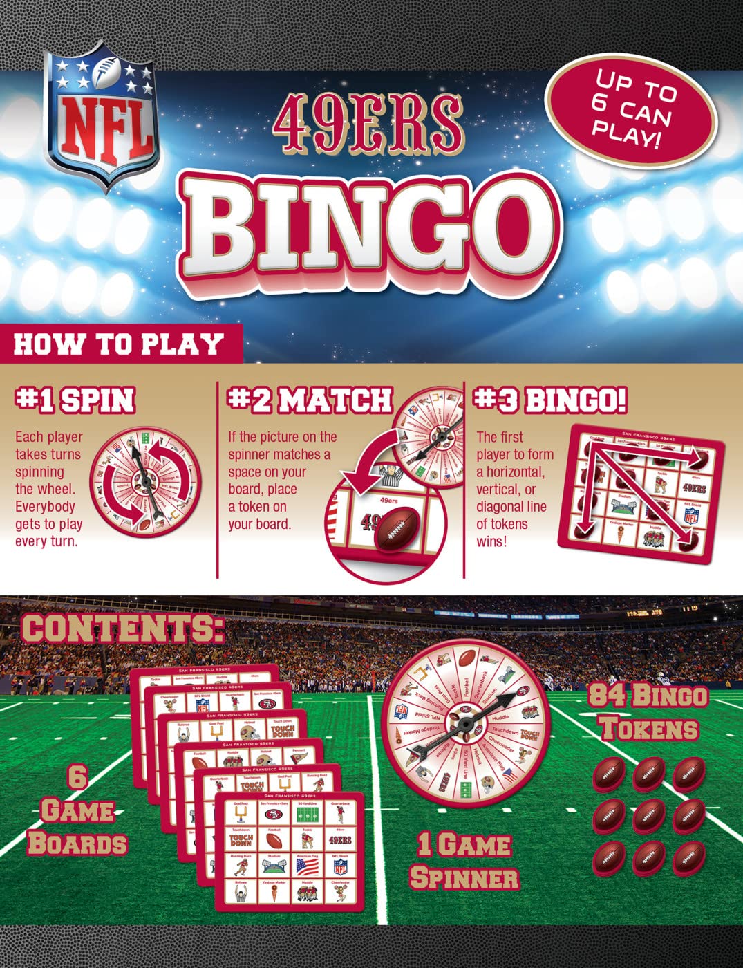 MasterPieces NFL San Francisco 49ers Bingo Game for Kids - Fun Football-Themed Family Board Game for Game Nights, Parties & Team Spirit Activities