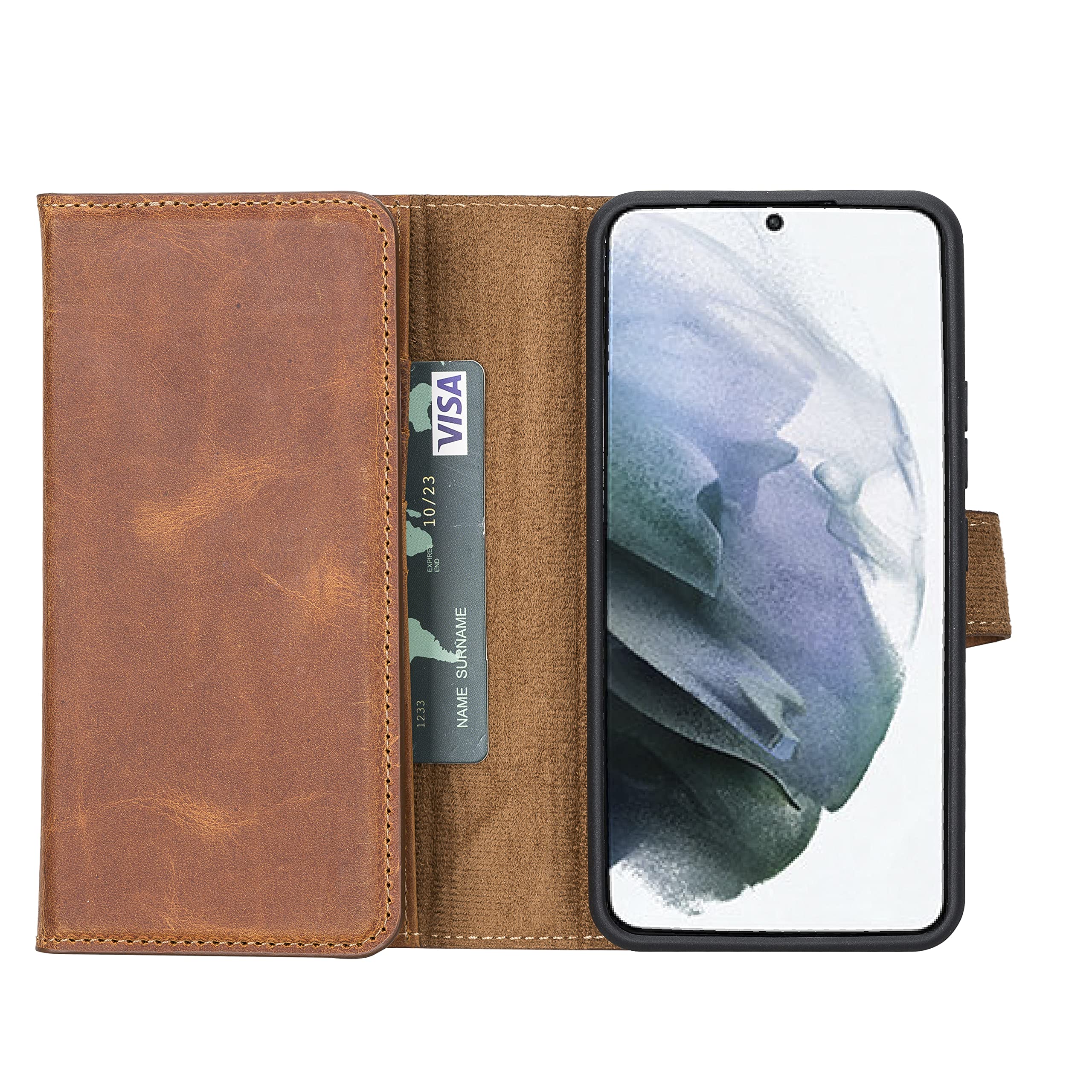 Premium Full Grain Leather Tri-Fold Wallet Case for Samsung Galaxy S22 - 2-in-1 Magnetic Flip Cover with Card Slots & Detachable Durable Frame (Antique Camel) | Perfect for Business, Travel & Everyday Use