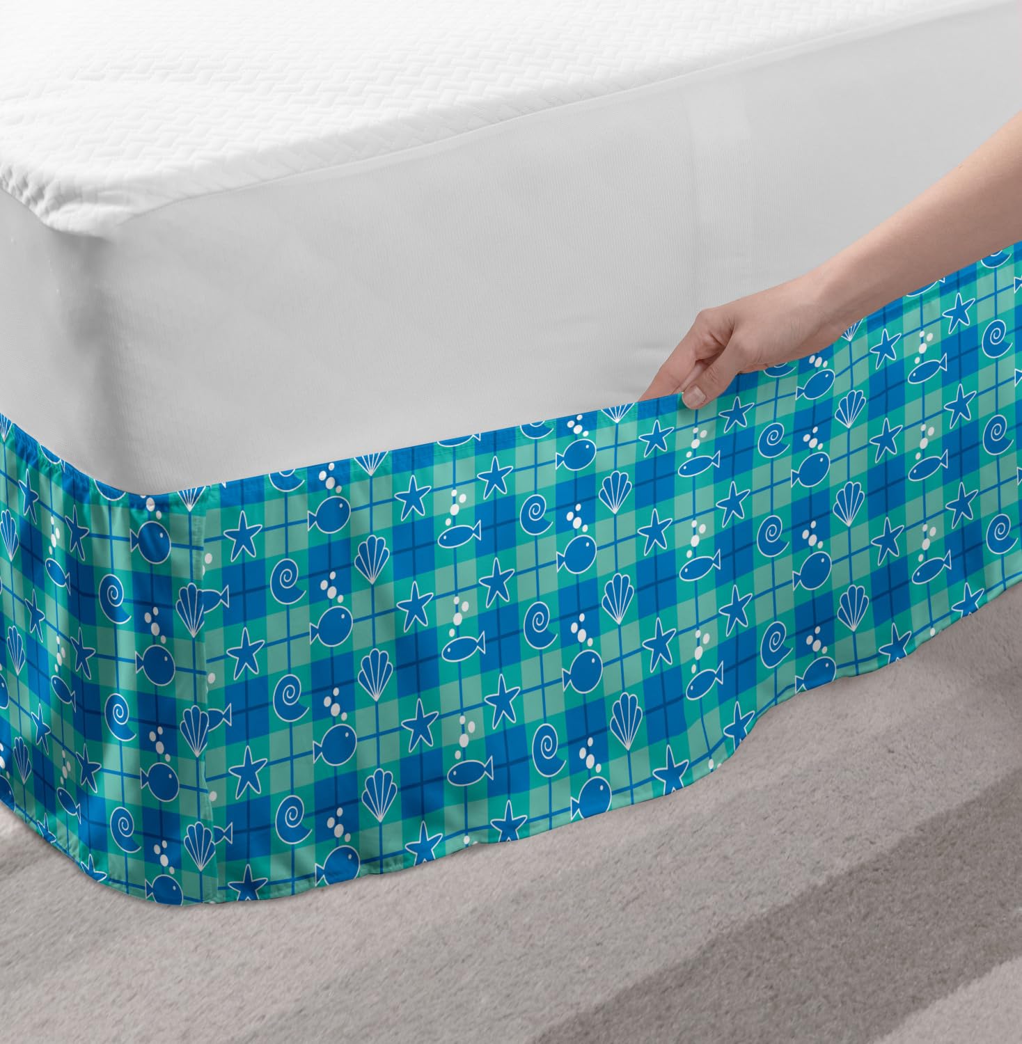 Ambesonne Sea Shells Bed Skirt - Plaid Pattern with Cartoon Marine Silhouettes, Fish, Starfish & Bubbles | Elastic Dust Ruffle Wrap Around Bedskirt for Twin/Twin XL Beds | Mint Green, Blue & White Coastal Bedroom Decor | Perfect for Beach House, Nautical or Ocean Theme Bedrooms