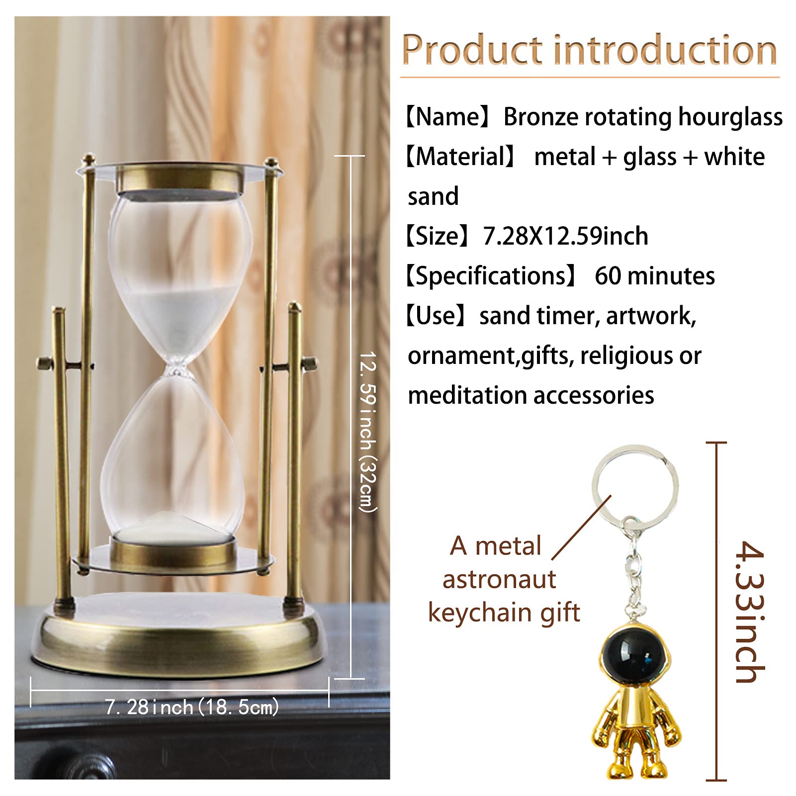 Antique Hourglass Sand Timer - 60 Minute Metal White Sand Visual Timer with 360° Rotation | Perfect for Cooking, Office, Wedding & Home Decor | Kitchen Timer, Meditation Aid & Decorative Centerpiece