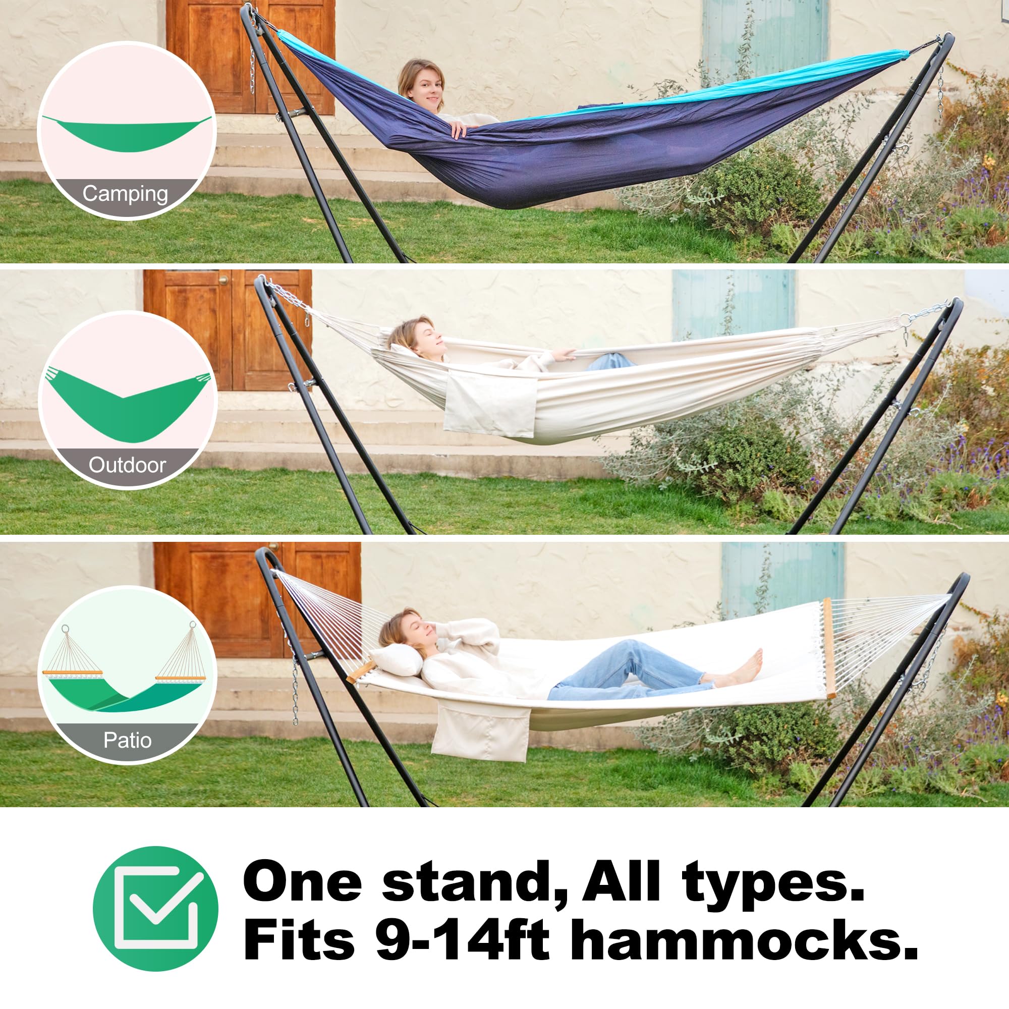 Heavy Duty 2 Person Hammock Stand - 600 lbs Capacity, Adjustable Powder-Coated Steel Frame for 9-14ft Hammocks, XXL Black - Perfect for Backyard, Camping & Beach Relaxation