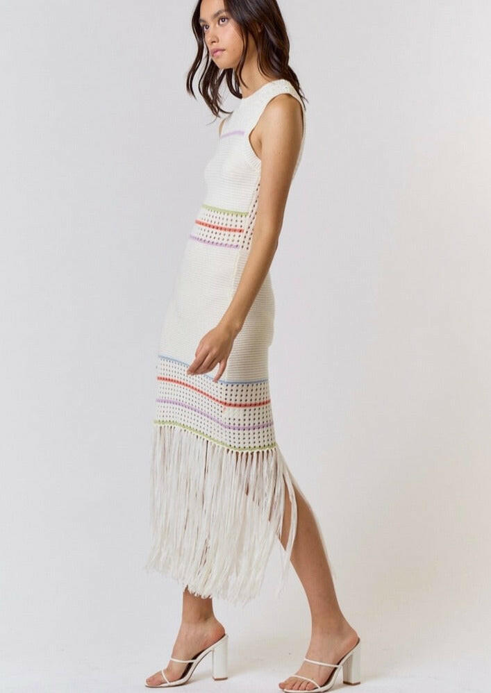 Elegant Cream Striped Knit Maxi Dress for Women - Perfect for Summer Beach Vacations, Casual Outings & Date Nights