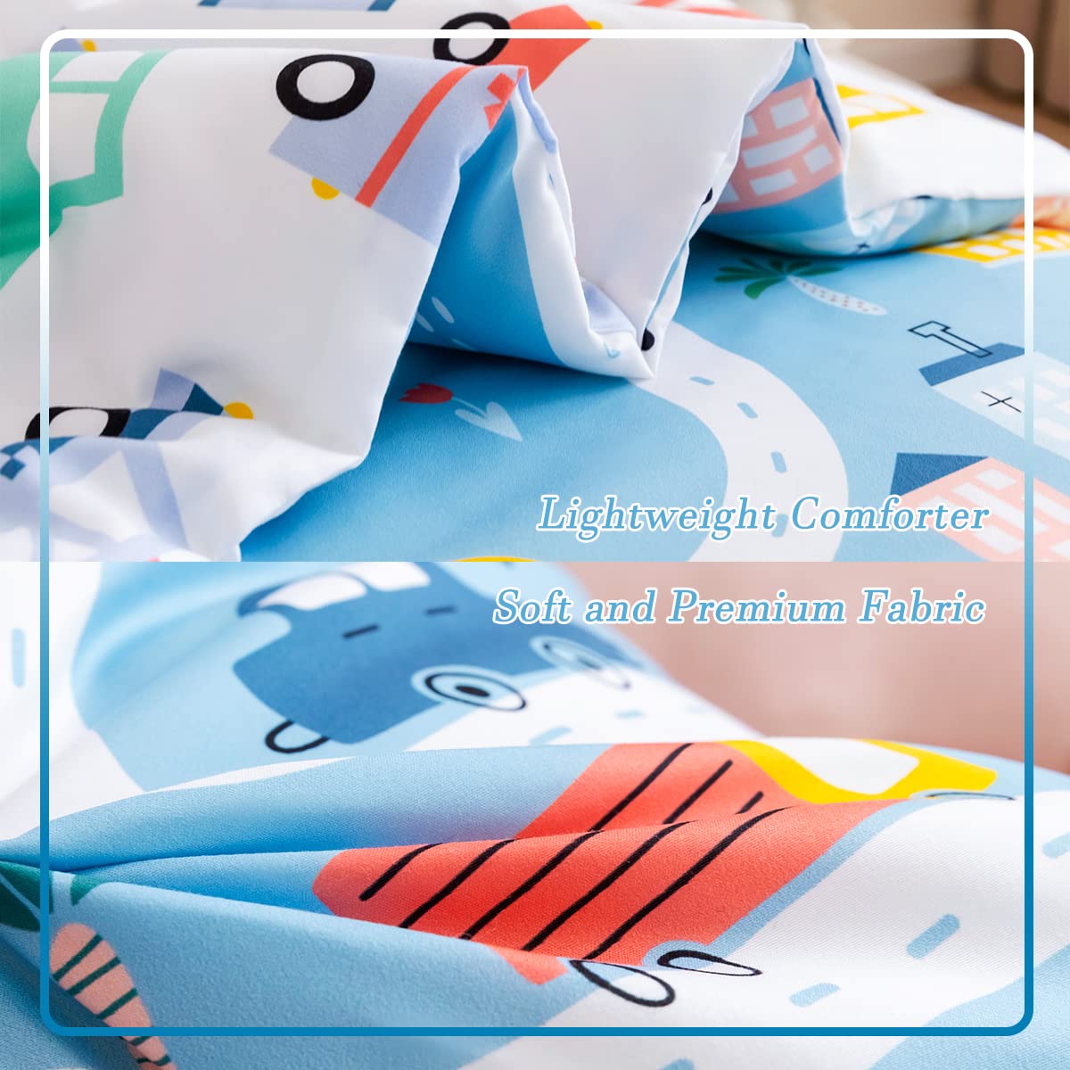 PERFEMET 4-Piece Toddler Bedding Set - Blue Cars Themed Reversible Comforter with Matching Sheets | Lightweight Toddler Bed Set for Crib & Twin Beds | Perfect for Boys' Room Decor & Nursery Themes
