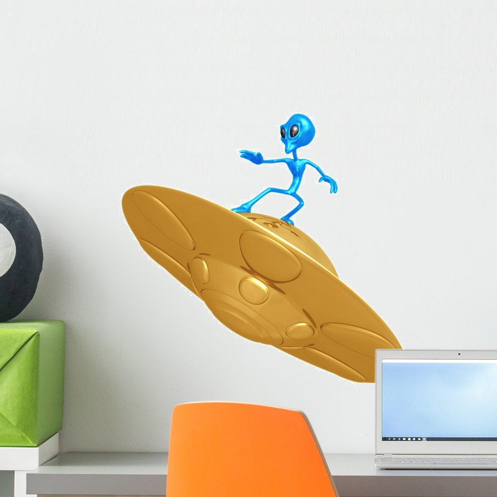 Alien Surfing Peel and Stick Wall Decal - 18x18 Inches Removable Wall Stickers for Kids Room, Nursery & Office Decor - Fun Space Themed Wall Art for Bedroom & Living Room