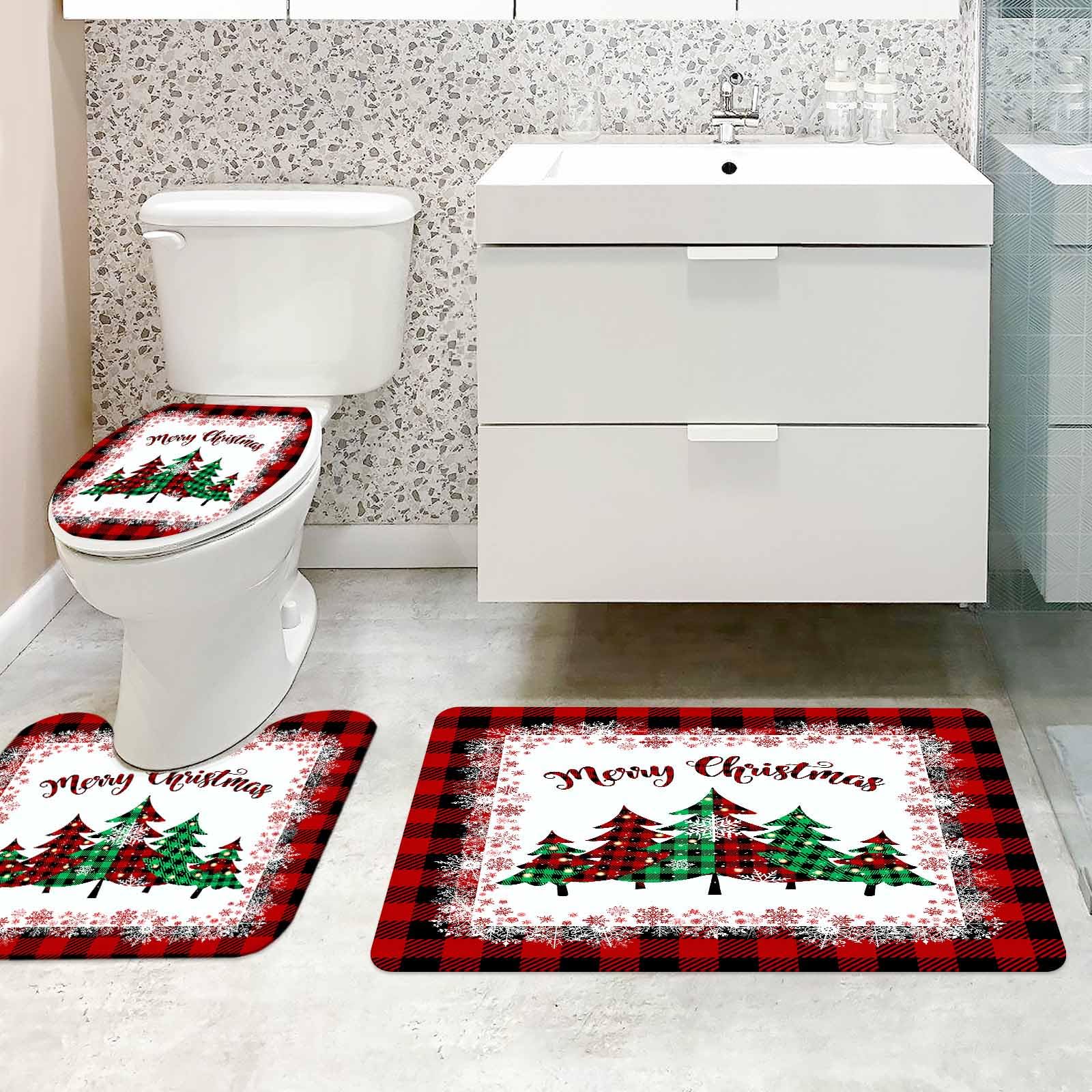 MEHOFOND 4-Piece Christmas Shower Curtain Set - Red Buffalo Plaid Bathroom Decor with Washable 72x72 Inch Shower Curtain, Rugs, Toilet Lid Cover & U-Shape Mat - Perfect for Holiday Bathroom Decorating & Festive Home Decor
