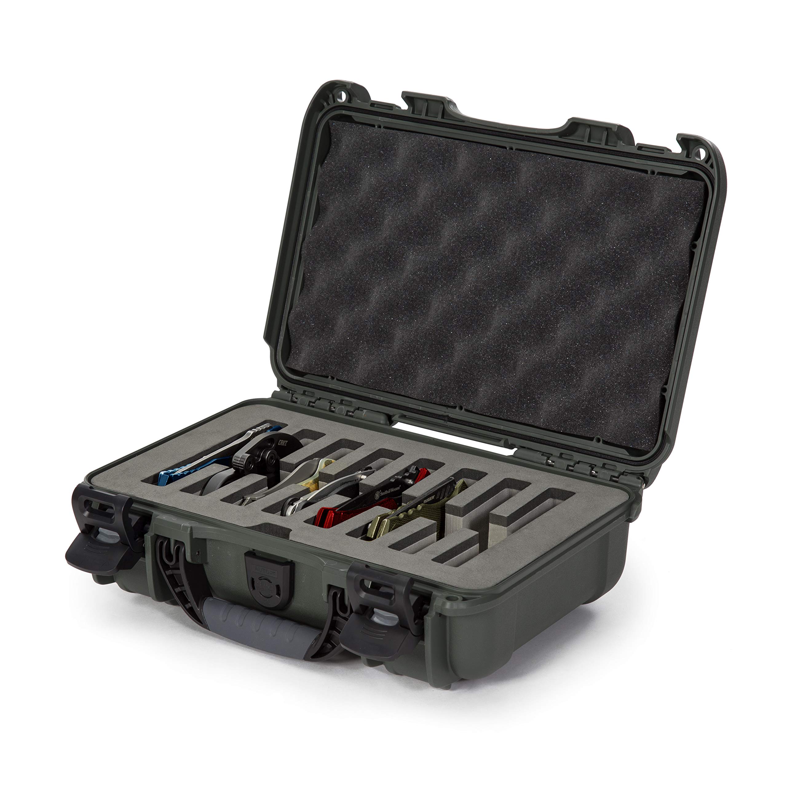 Nanuk 909 Waterproof Hard Case with Custom Foam Insert for 8 Pocket Knives - Olive | Protective Storage for Camping, Hunting & Outdoor Gear