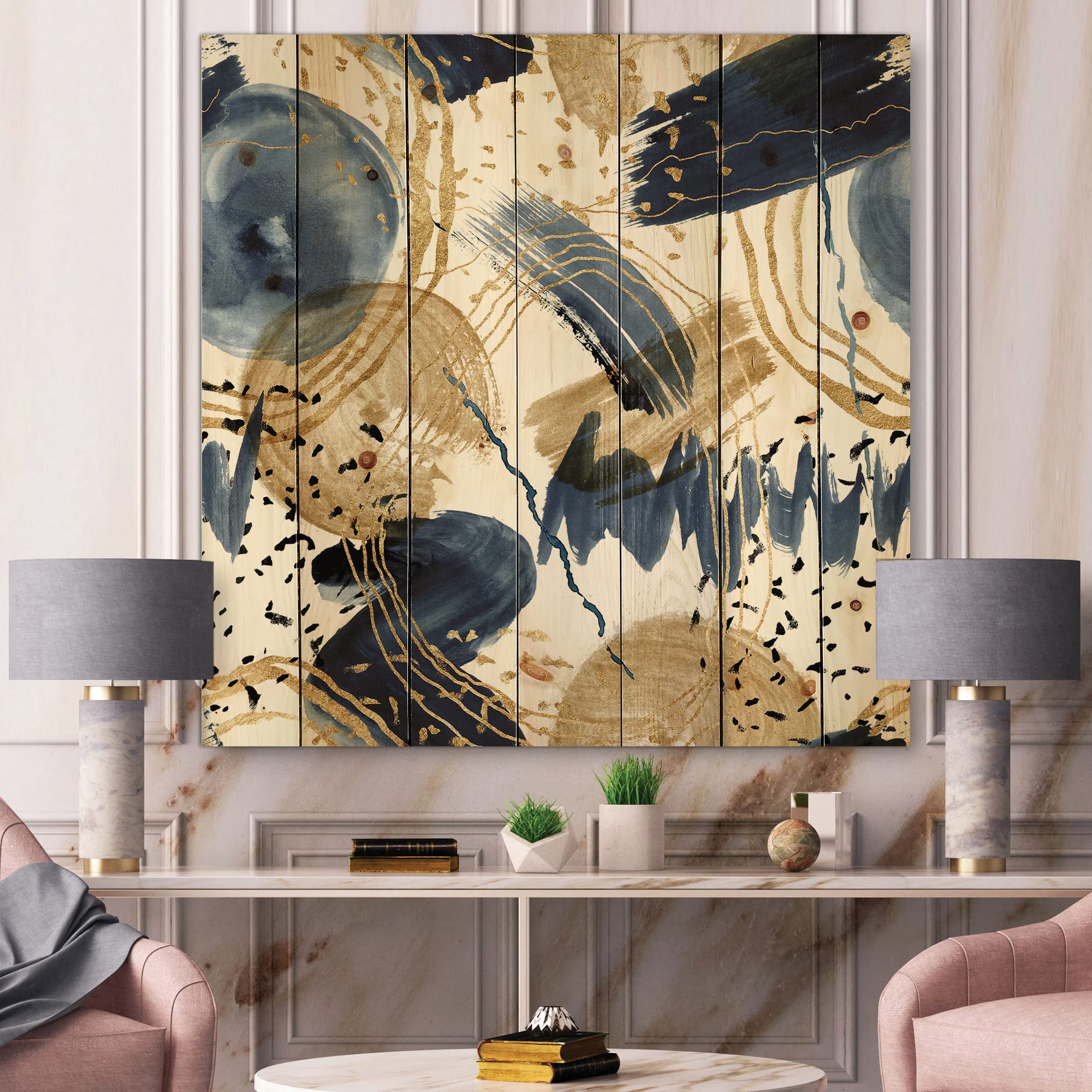 Modern Blue & Gold Abstract Wood Wall Art - Large Pine Panel for Home Decor