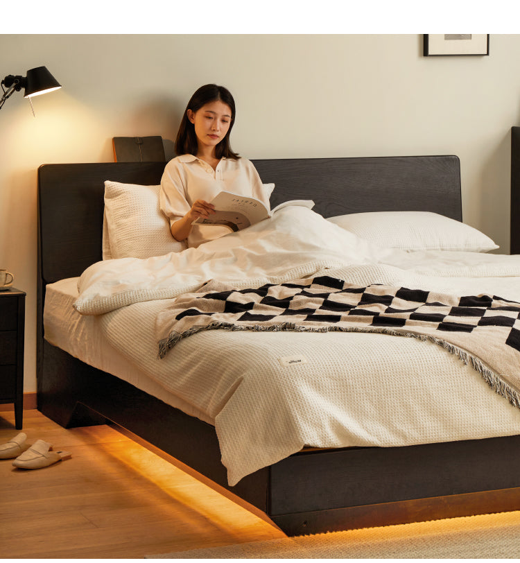 Solid Oak Wood Floating Platform Bed with LED Lights - Modern Smoky Finish for Bedroom, Guest Room, or Studio Apartment