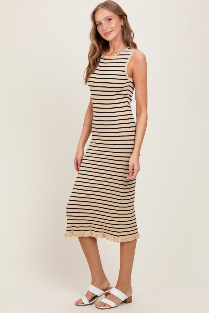 Beige Striped Knit Sleeveless Ruffle Hem Midi Dress for Women - Summer Casual Beach Dress, Party Wear & Vacation Outfit