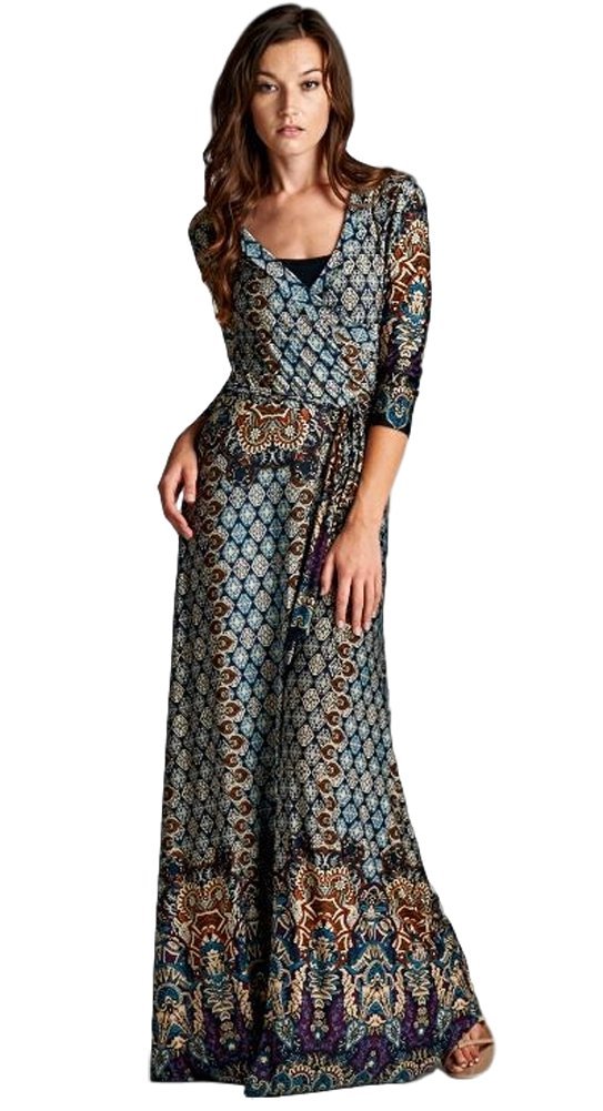 PacificPlex Moroccan Jersey Wrap Maxi Dress - Flowy Long Boho Dress for Women, Beach Cover Up, Summer Vacation Outfit