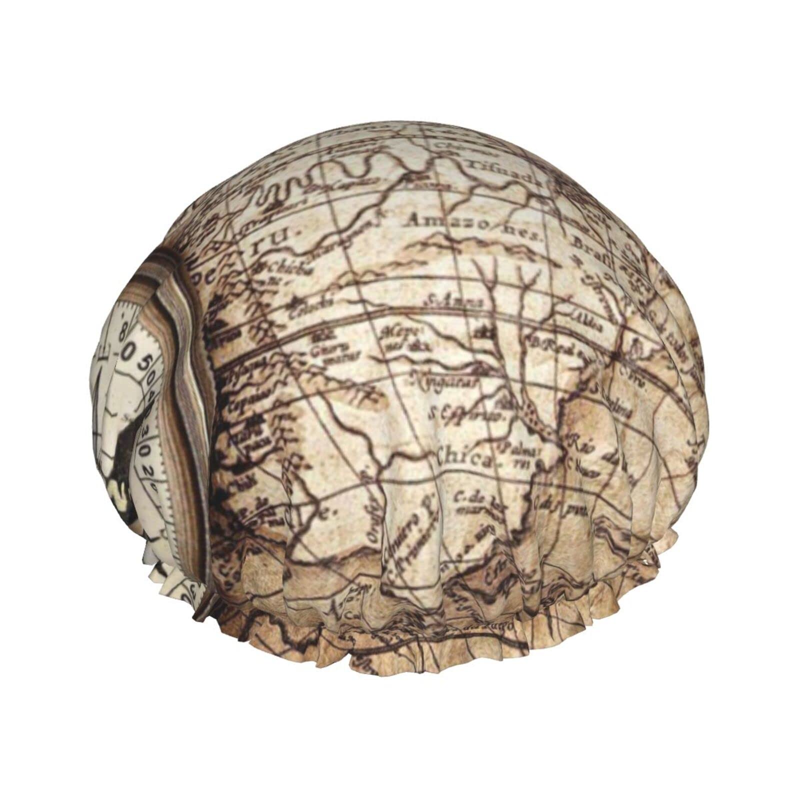 Waterproof Reusable Shower Cap for Women - Nautical Compass Map Design, Double Layer Bathing Hair Cap for Shower, Swimming & Spa - Perfect for Travel, Gym & Home Use