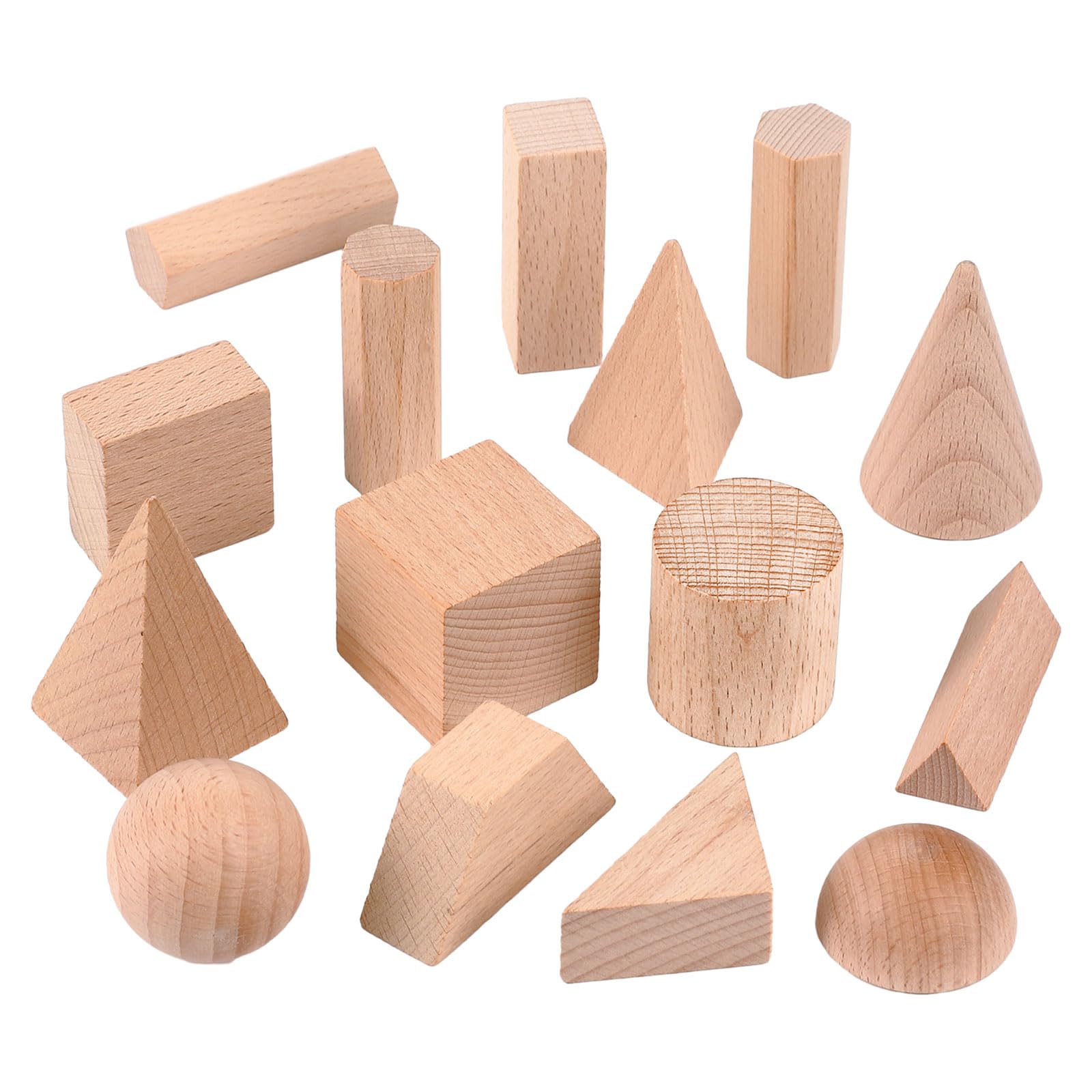15 Pcs 3D Wooden Geometric Shapes - Montessori Learning Toys for Preschool & Homeschool