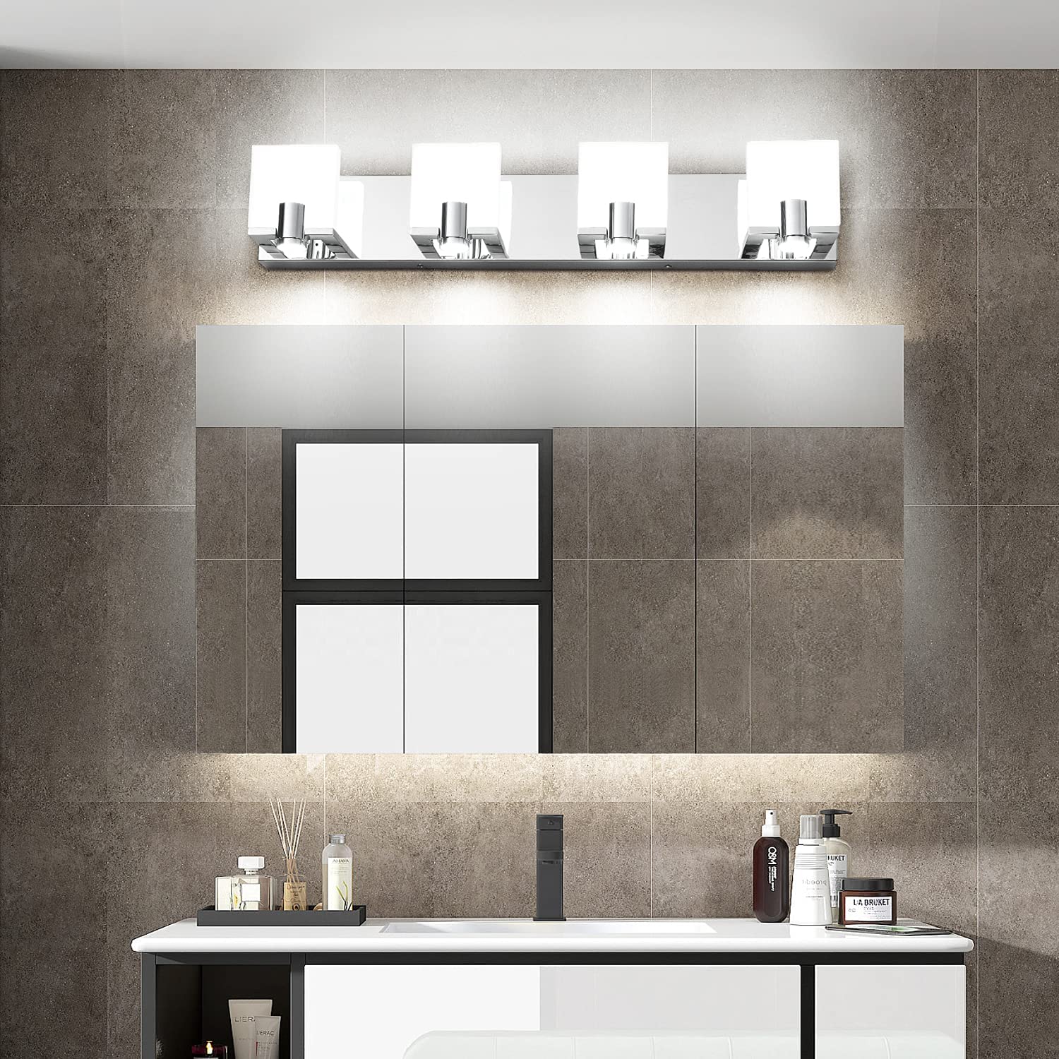 Modern LED Vanity Light Fixtures - Chrome Bathroom Mirror Wall Mount Lighting Set for Makeup & Shaving | Energy-Efficient Dimmable Lights for Bathroom, Bedroom & Dressing Room