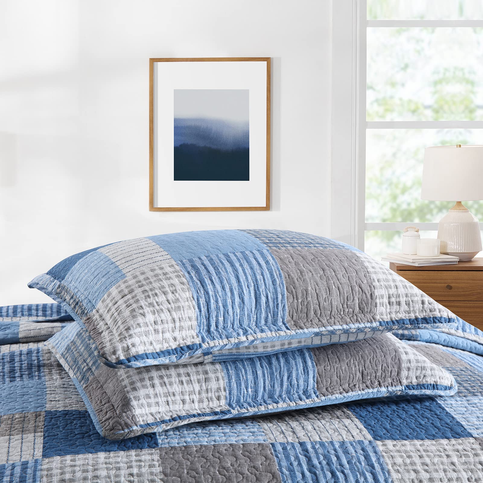 Y-PLWOMEN 100% Cotton Plaid King Size Quilt Set - Farmhouse Style Lightweight Breathable Bedspread with 2 Pillow Shams, Blue Navy, 98x106 Inch | Perfect for Cozy Bedroom Decor, Guest Room & Seasonal Home Styling