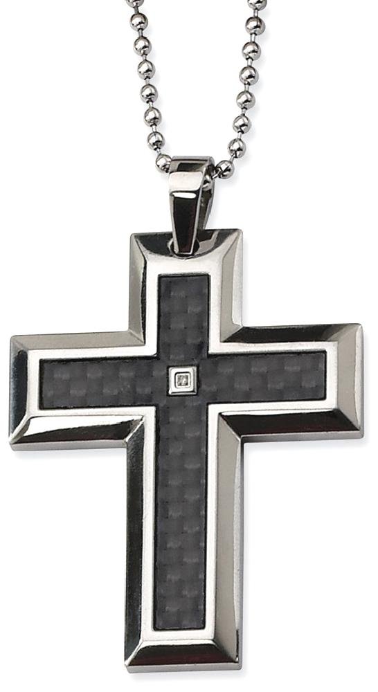 Stainless Steel Black Carbon Fiber Diamond Holy Cross Necklace - Religious Jesus Christ Pendant with 24 Inch Ball Link Chain - Perfect for Church, Baptism, Weddings & Everyday Faith Jewelry