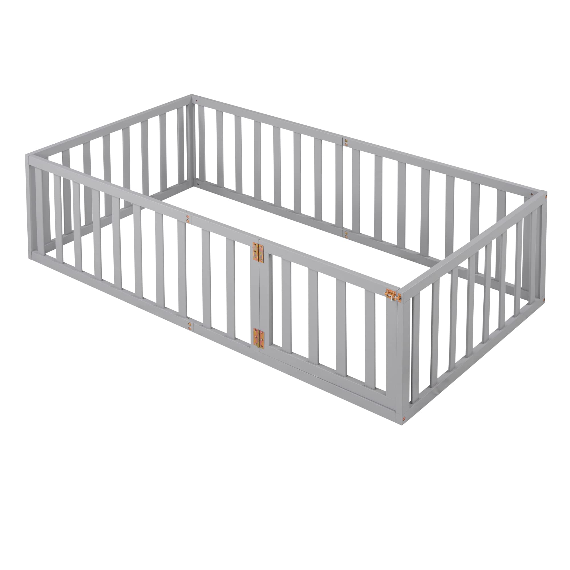 Montessori Twin Floor Bed with Safety Rails & Door - Wooden Low Profile Bed Frame for Kids, Girls & Boys - Grey - Perfect for Toddler Rooms, Daycare & Montessori Classrooms