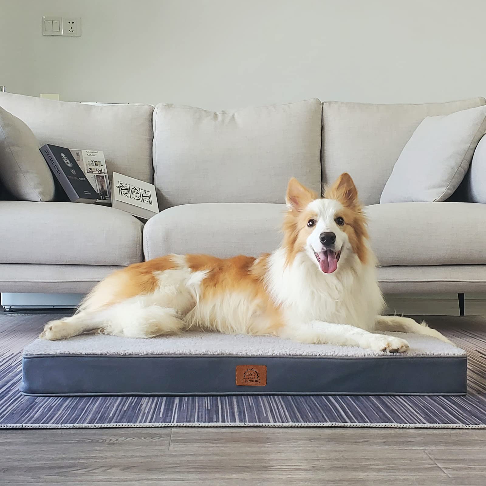 Washable Extra Large Dog Bed Cover - Soft Plush Waterproof Replacement Liner with Zipper, 44x32x3 Inches, Grey (Cover Only) - Perfect for Large Dog Crates, Kennels & Pet Sofas