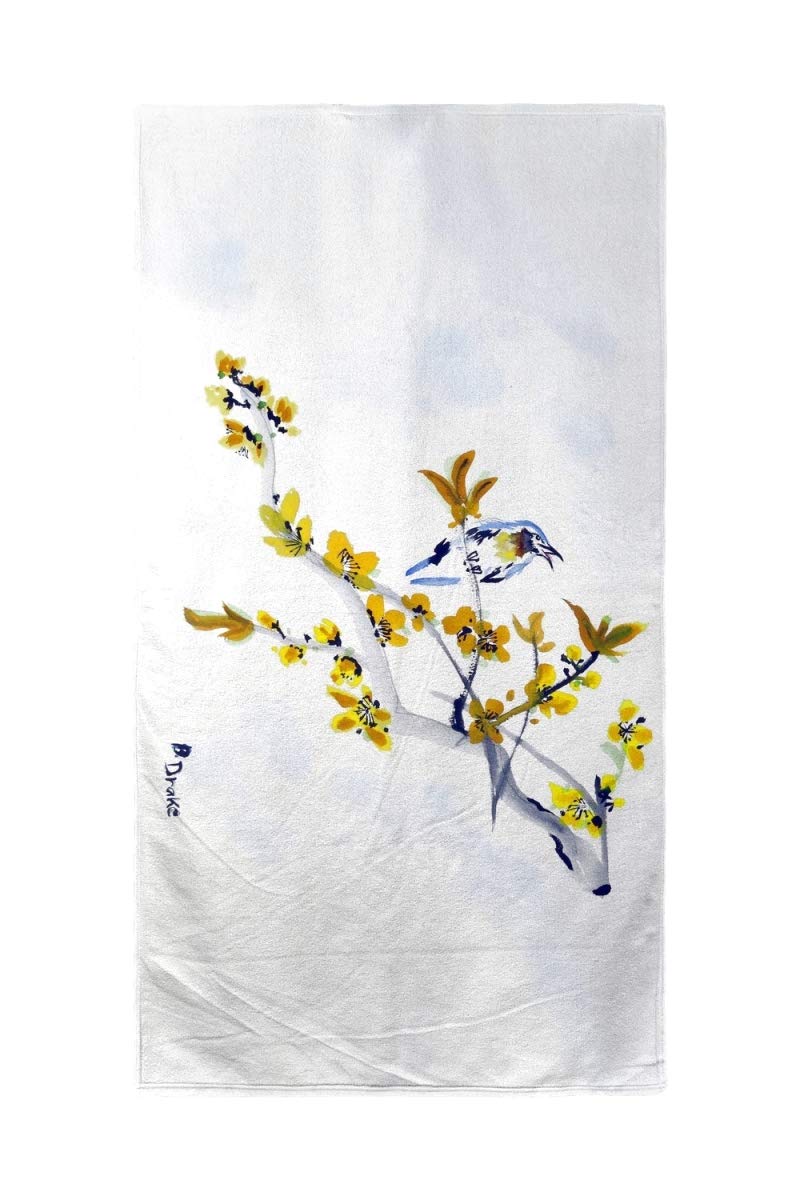 Betsy Drake Forsythia & Bird Beach Towel - Large Soft Quick-Dry Towel for Pool, Beach, Travel, and Outdoor Activities