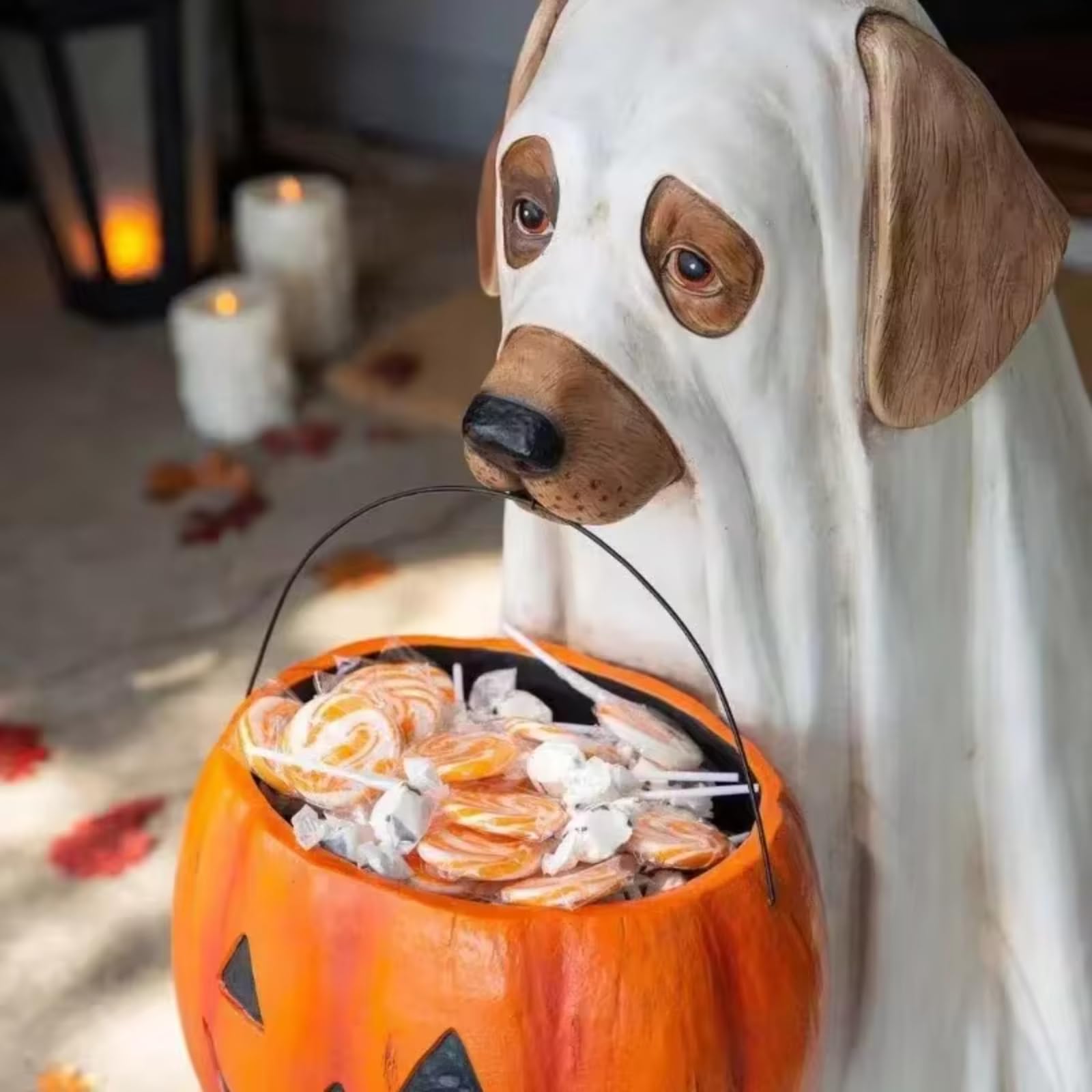 Spooky Ghost Dog Candy Bowl Holder - Halloween Decor with Pumpkin Candy Tray - Indoor & Outdoor Party Decoration for Halloween, Christmas, and Themed Events (Dog Statue)