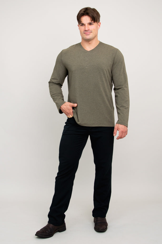 Adam Men's Long Sleeve Shirt - Yarn Dyed Khaki Bamboo Fabric - Comfortable Casual Wear for Office, Travel & Outdoor Activities