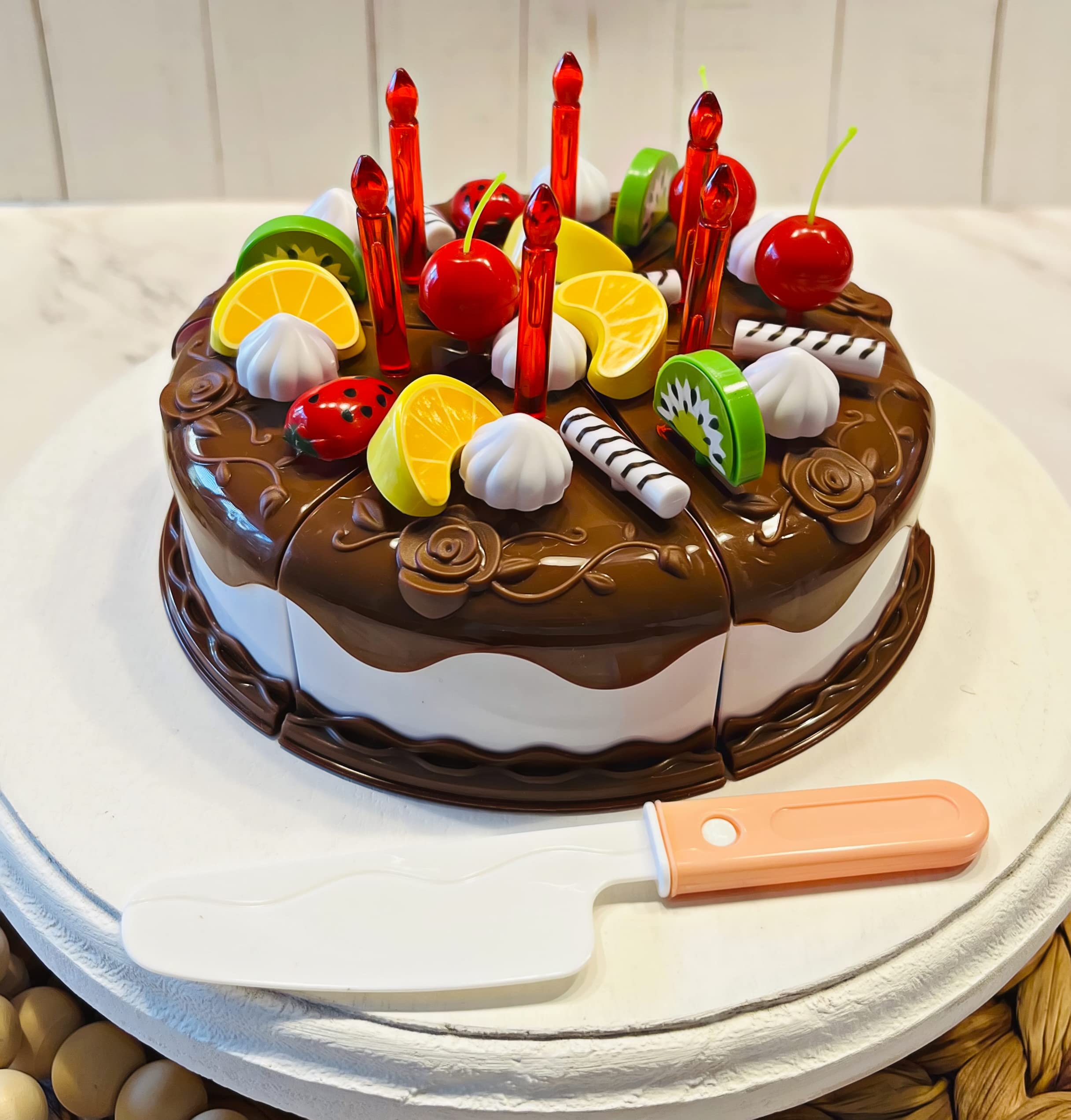 Fake Birthday Cake Decor - Realistic Chocolate Fruit & Candles Cake for Party Table Centerpiece | Wedding, Baby Shower & Birthday Party Decoration