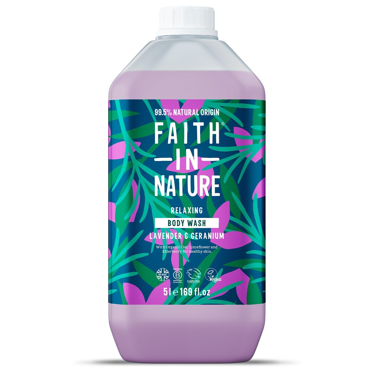 Faith In Nature Natural Lavender & Geranium Body Wash - Vegan, Cruelty-Free Shower Gel with No SLS or Parabens | 5L Refill Pack for Spa, Bath & Relaxation at Home