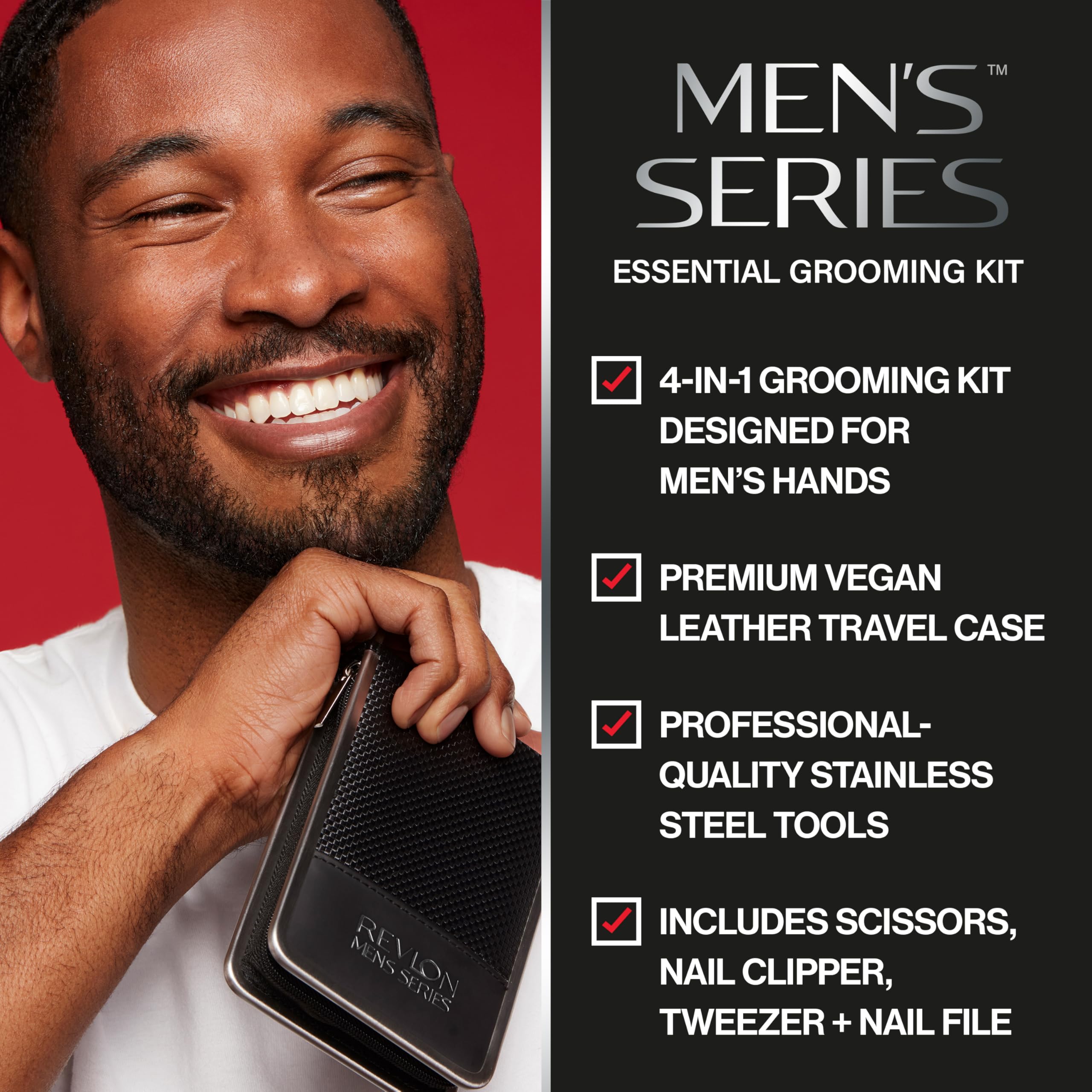 Revlon Men's Grooming Kit - 5-Piece Travel Essentials Set with Nail Clippers, Scissors, Nail File, Tweezers & Portable Case | Stainless Steel Grooming Tools for Men | Perfect for Travel, Business Trips & Home Use
