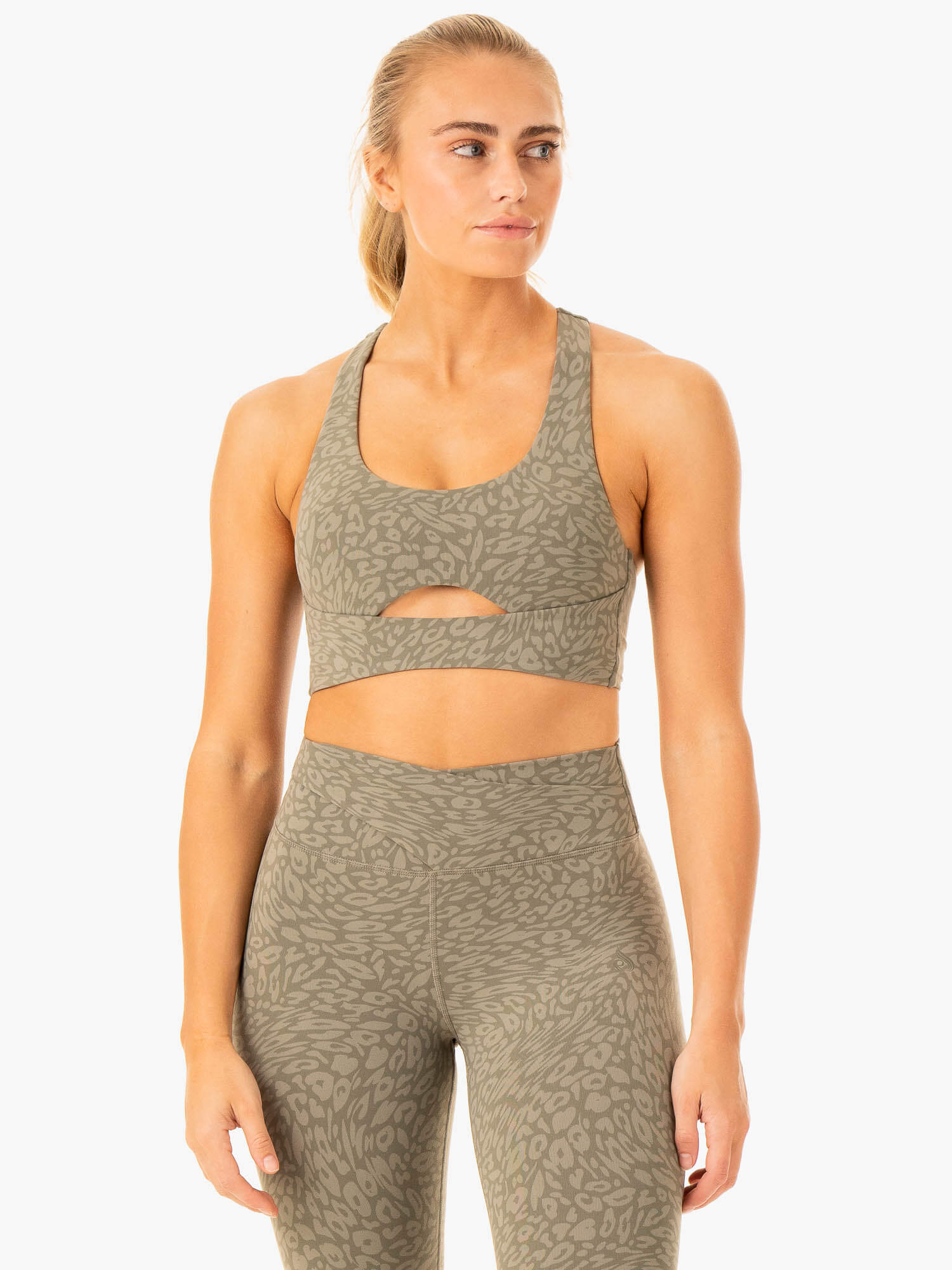 High-Performance Rotation Sports Bra - Khaki Leopard Print for Yoga, Running & Gym Workouts | Moisture-Wicking & Supportive Activewear