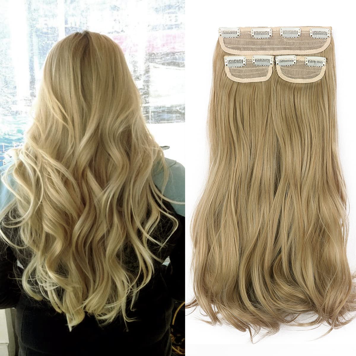 Soft Curly Wavy Invisible Thick Synthetic Hair Extensions - 3 PCS Set for Women with Thinning Hair (24'' Pale Ash Blonde Mix Bleach Blonde) | Perfect for Daily Wear, Parties & Special Occasions