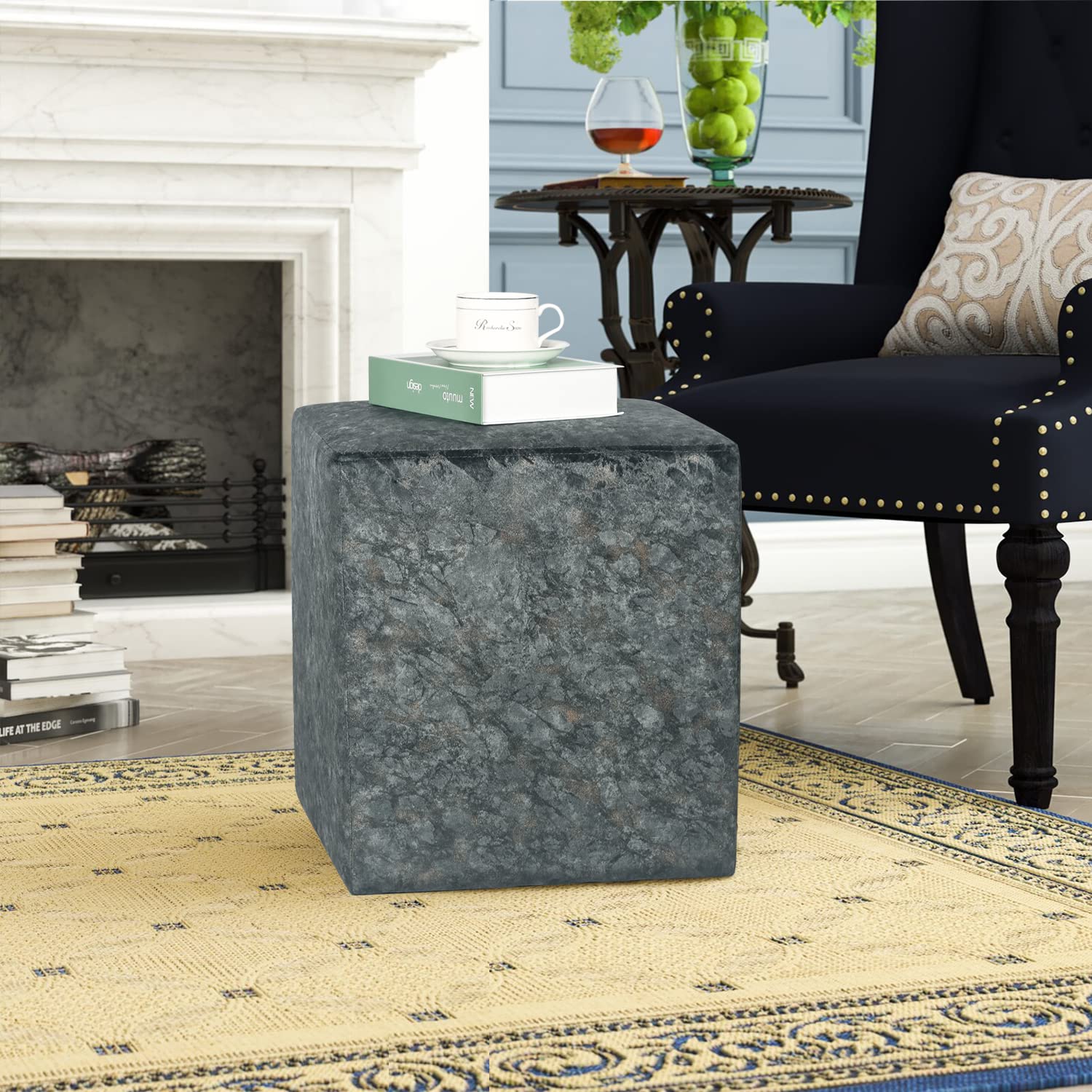 Joveco Square Ottoman Vanity Stool - Fabric Upholstered Footrest & Footstool with Non-Slip Pad - Modern Side Table Seating for Living Room, Bedroom & Home Office - Grey - Perfect for Lounging, Makeup Vanity & Extra Seating