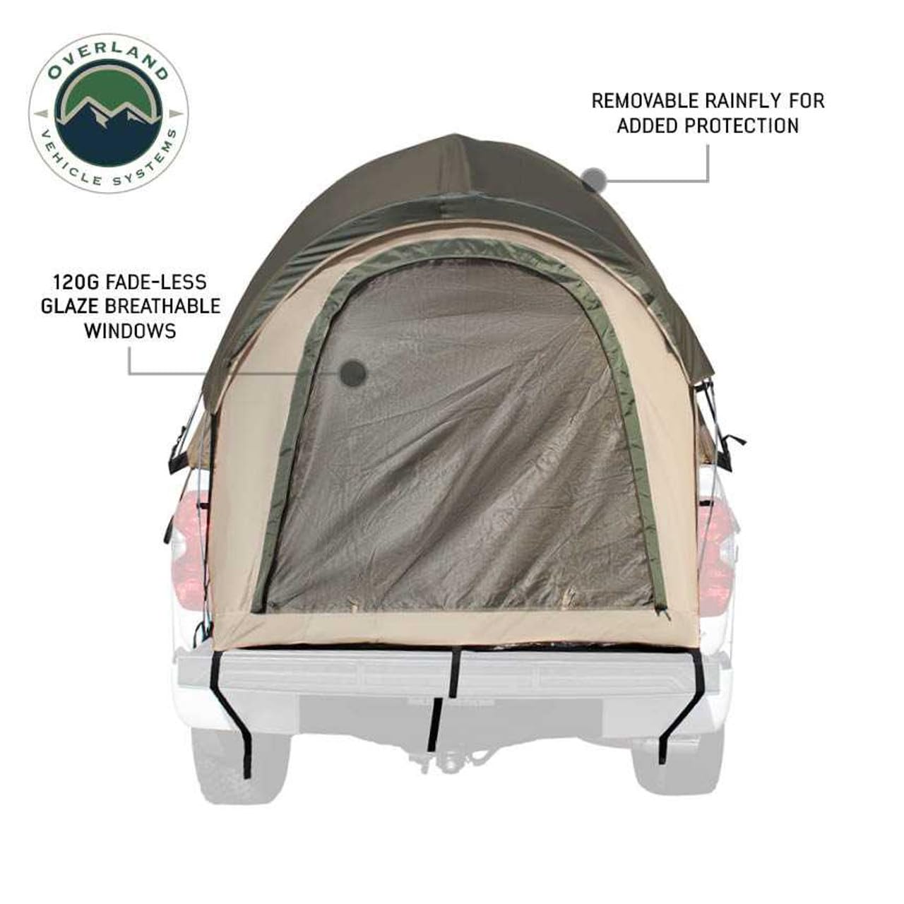 Overland Vehicle Systems LD TACT Truck Bed Tent - Waterproof Camping Tent for Pickup Trucks with Tan Body & Green Rainfly - Perfect for Outdoor Adventures, Road Trips, and Off-Grid Camping