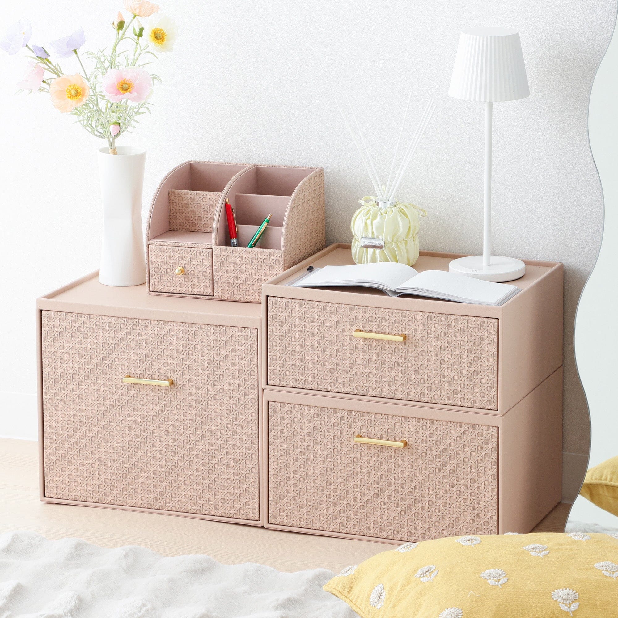 Embossed Stacking Drawer Organizer - Medium Pink for Bedroom, Bathroom & Office Storage | Plastic Drawer Bins with Textured Design