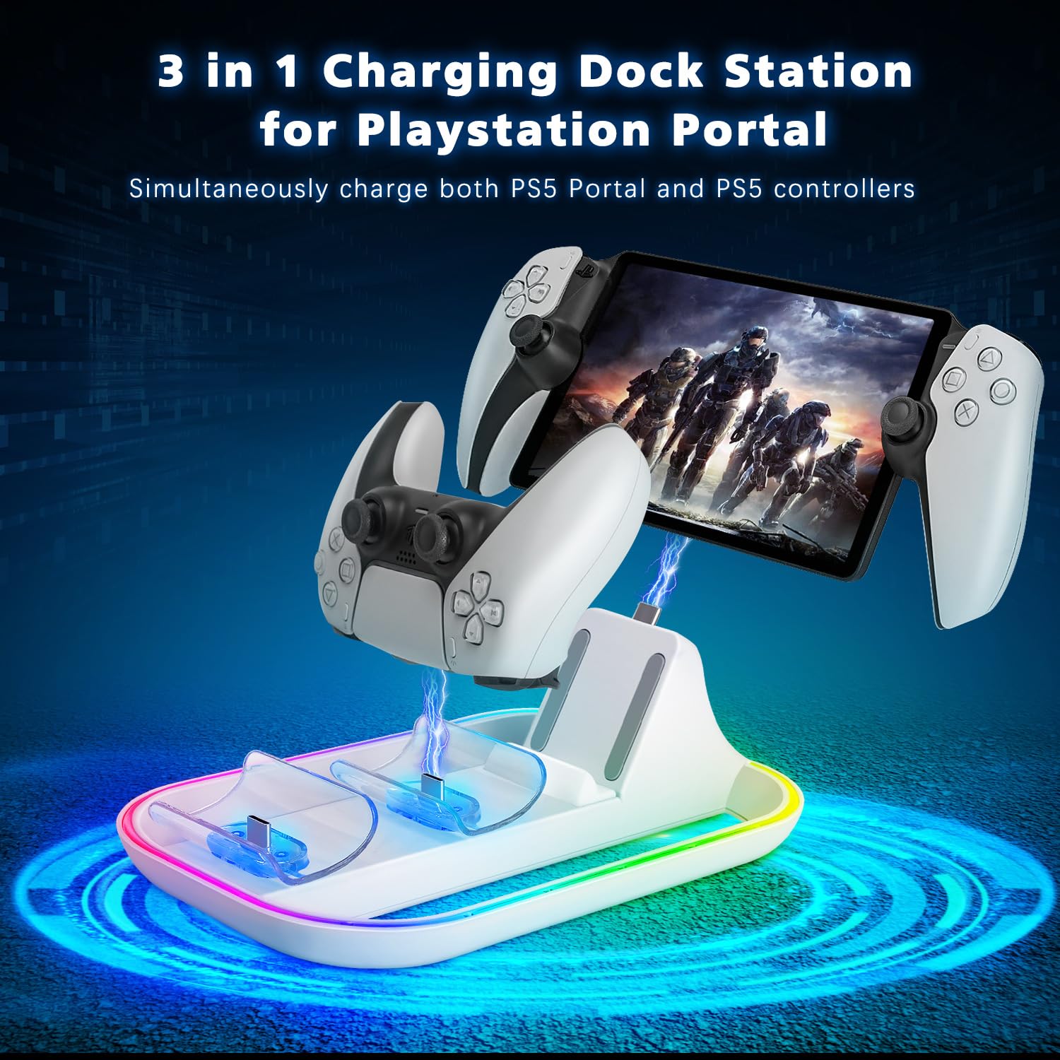 Tendak Charging Station for Playstation Portal Remote Player & PS5 Controller - Dual USB-C Dock with 14 RGB Lights & Fast Charging - Portable Gaming Accessory for Home & Travel Use