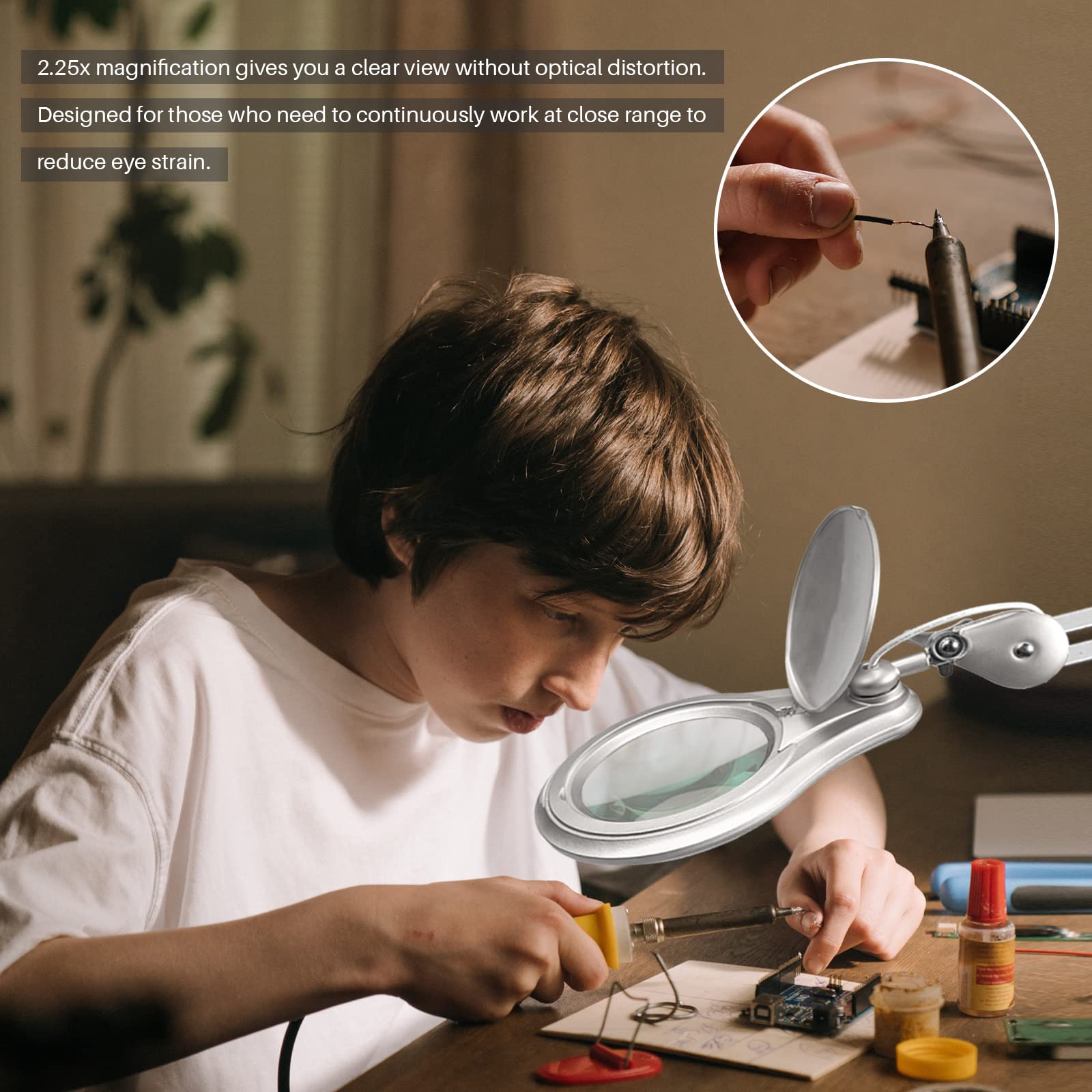 5 Inch LED Magnifying Desk Lamp with Clamp - 2.25X Magnification, 60PCS Bright LEDs & 1200 Lumens Dimming Light, Metal Swing Arm for Crafts, Reading, Jewelry Making & Detailed Work (Silver)
